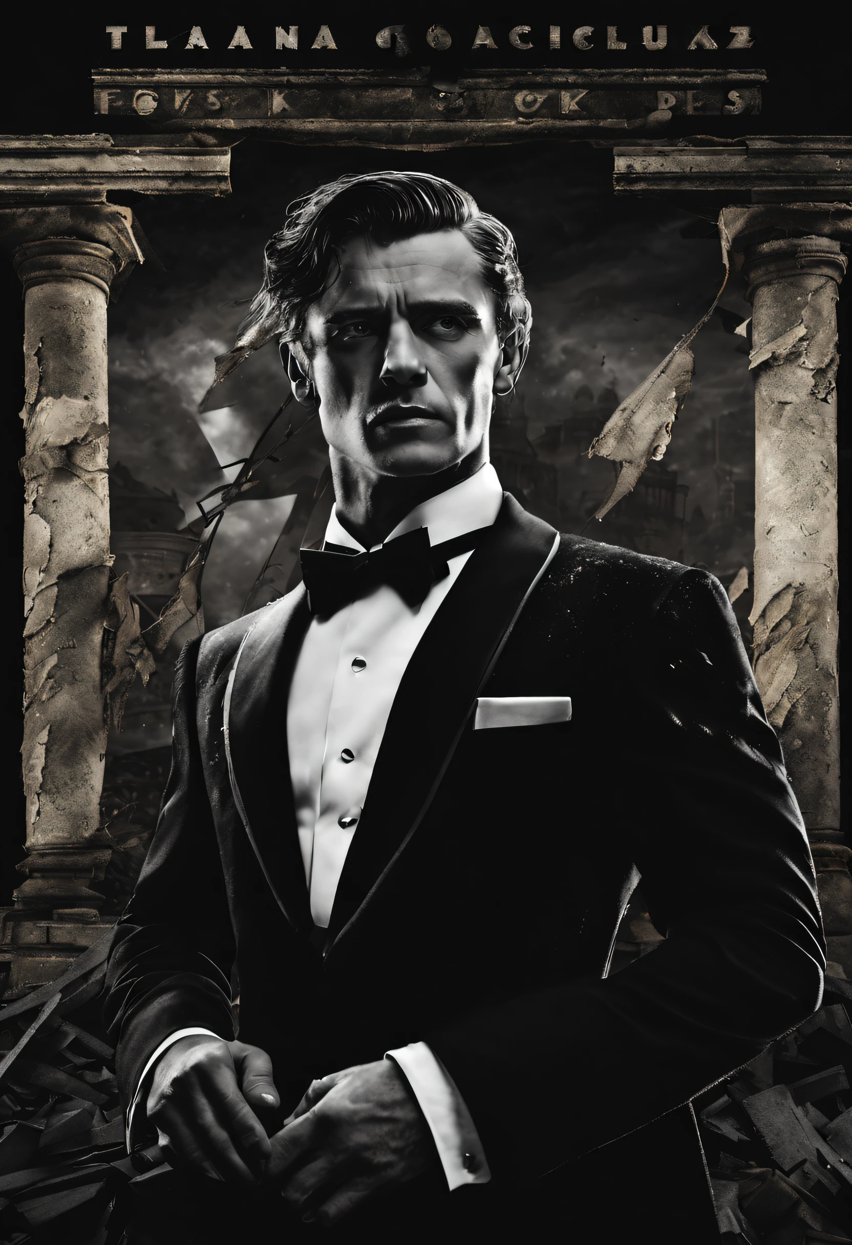 (best quality,highres,masterpiece:1.2),black and white movie poster style, vintage movie poster, centering around a character in a black tuxedo, standing on a pile of ruins, holding a tattered piece of paper. ,ultra-detailed, ,realistic,photorealistic:1.37),post-apocalyptic setting,film noir-inspired lighting, aged and distressed paper texture, dramatic shadows, haunting atmosphere, deep and emotive expression on the character's face, intricate details on the tuxedo, rugged ruins in the background, subtle hints of a story, mysterious vibes, gripping and captivating composition, artistic film grain effect, classic typography with vintage fonts, genuine vintage film poster aesthetic