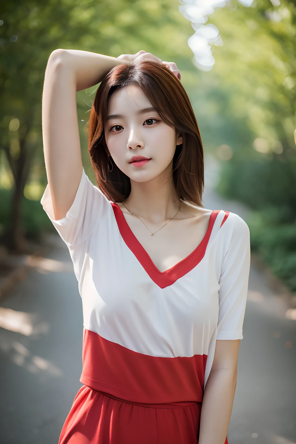 good hand,4k, high-res, masterpiece, best quality, head:1.3, (Korean idol), finely detailed skin, sharp focus, (cinematic lighting), collarbone, morning, soft lighting, medium hair, dynamic angle, [:(detailed face:1.2):0.3], armpit crease, thigh gap, red clothes, slender, outdoors