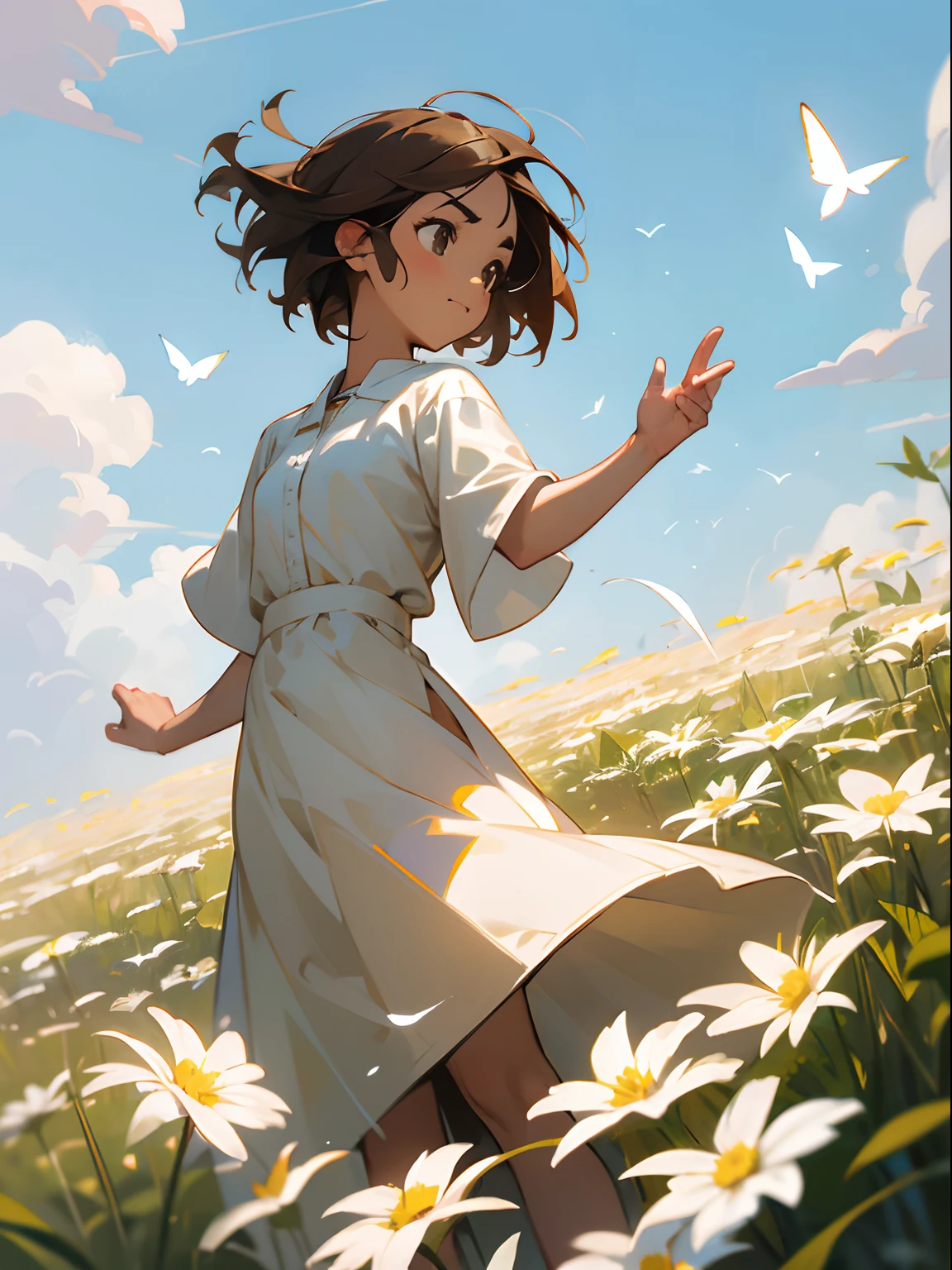 High Detail, Ultra Detail, Ultra High Resolution Light brown eyebrows, short brown hair girl enjoying her time in open field, surrounded by the beauty of nature, warm sun sprinkling on her, white flowers gently swaying in the breeze. Butterflies and birds flutter around her, adding to the playful atmosphere , --v6