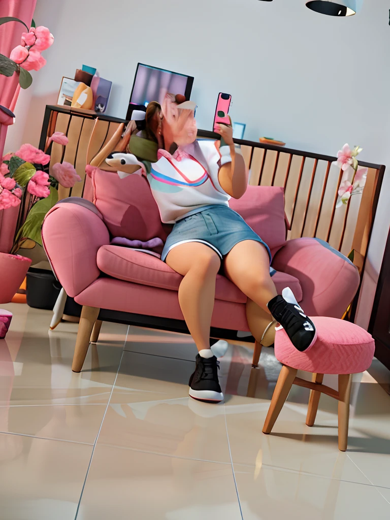 Woman sitting on a pink sofa taking a selfie with her phone, sitting on a couch, sitting on couch, relaxing on a couch, sentado em um lounge, sitting on the couch, relaxing on the couch, seated in a couch, pernas tomando seu pov, sitting on couch, Tiro na Canon EOS R 5, Tiro na Canon EOS R5