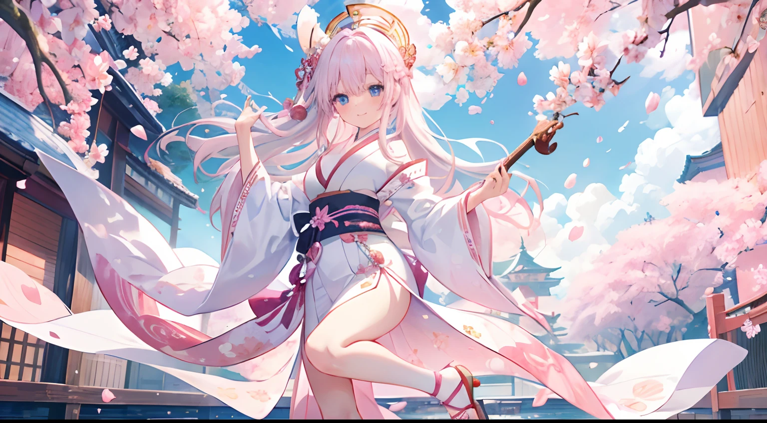 ((Pink petals bloom at your feet)) Beautiful Dancing Angel Girl, Blue eyes、On a stringed instrument、Cherry-colored ankle ornament at the ankle、long white hair , Wear a pink kimono with a red hem,Dragon of Japan、Hareful、Rabbit、Happy、A smile、high-level image quality