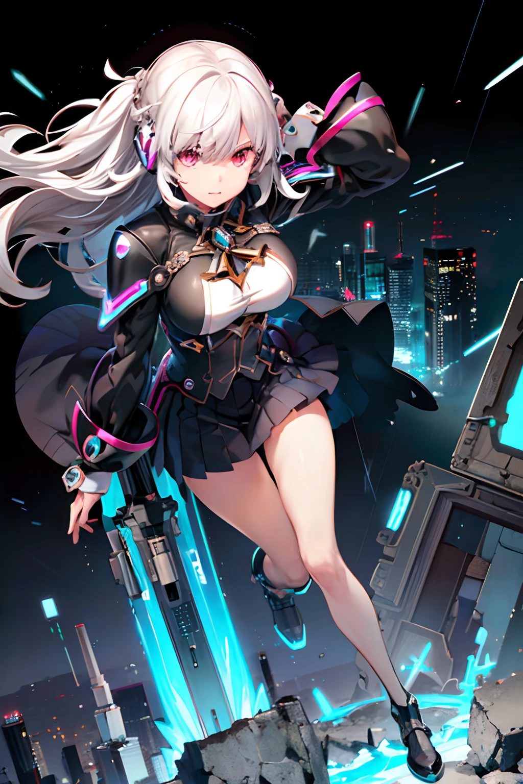 A girl’s head, intelligent device, white hair,  front of face, transparent goggles, futuristic city, steel exoskeleton, copper gears, clocks, machinery, red neon lights, green neon lights, metal connectors, strong winds, very complex details, high quality，A girl,  a dark coat,monocle, broken mirror ground, overlook, large scene of city, flying glass debris and paper fragments, flying stones, ((strong winds)), ruins, science fiction, complex details, and high quality，masterpiece,in the rain,in the cyberpunk city,night,cool girl,cyberpunk girl,bishoujo,robot,,colourful hair,aqua eyes,gradient_eyes,long eyelashes,pleated_skirt,leather trousers,full body,keyboard in hand,(keyboard:1.2),Cool headphones,(lightning:1.2),(blouse:1.2)，mary_janes，Hair rings,Half updo，Iceberg Beauty,1girl,red eyes,long hair,hime_cut,{hair in takes},medium breasts,white hair,silver_hair，