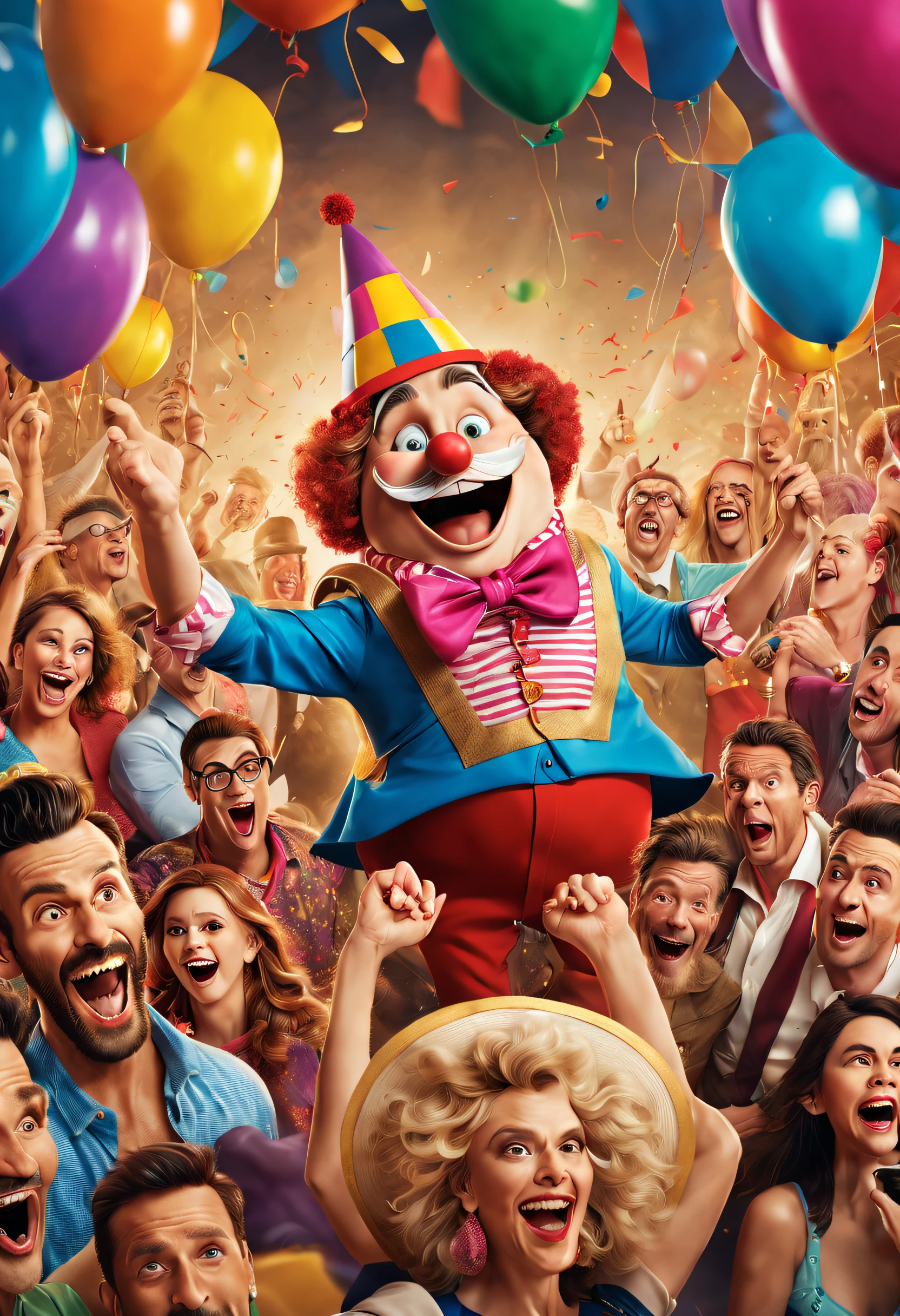 (best quality,4k,8k,highres,masterpiece:1.2),ultra-detailed,(realistic,photorealistic,photo-realistic:1.37),comedy movie poster,funny character,crazy party,bright colors,high contrast lighting,quirky costumes,diverse characters,laughter,humor,joy,excitement,colorful background,vivid party scene,expressive faces,witty expressions,silly outfits,comic atmosphere,amusing poses,entertaining interactions,laughter-inducing moments,exaggerated gestures,outrageous decorations,whimsical props,uproarious carnival atmosphere,crowd bursting into laughter,hilarious partygoers,detailed facial expressions,comic timing,playful atmosphere,comic chaos,ridiculous scenarios,loud and dynamic,energetic atmosphere,joyful ambiance,noisy crowd with laughter and cheer