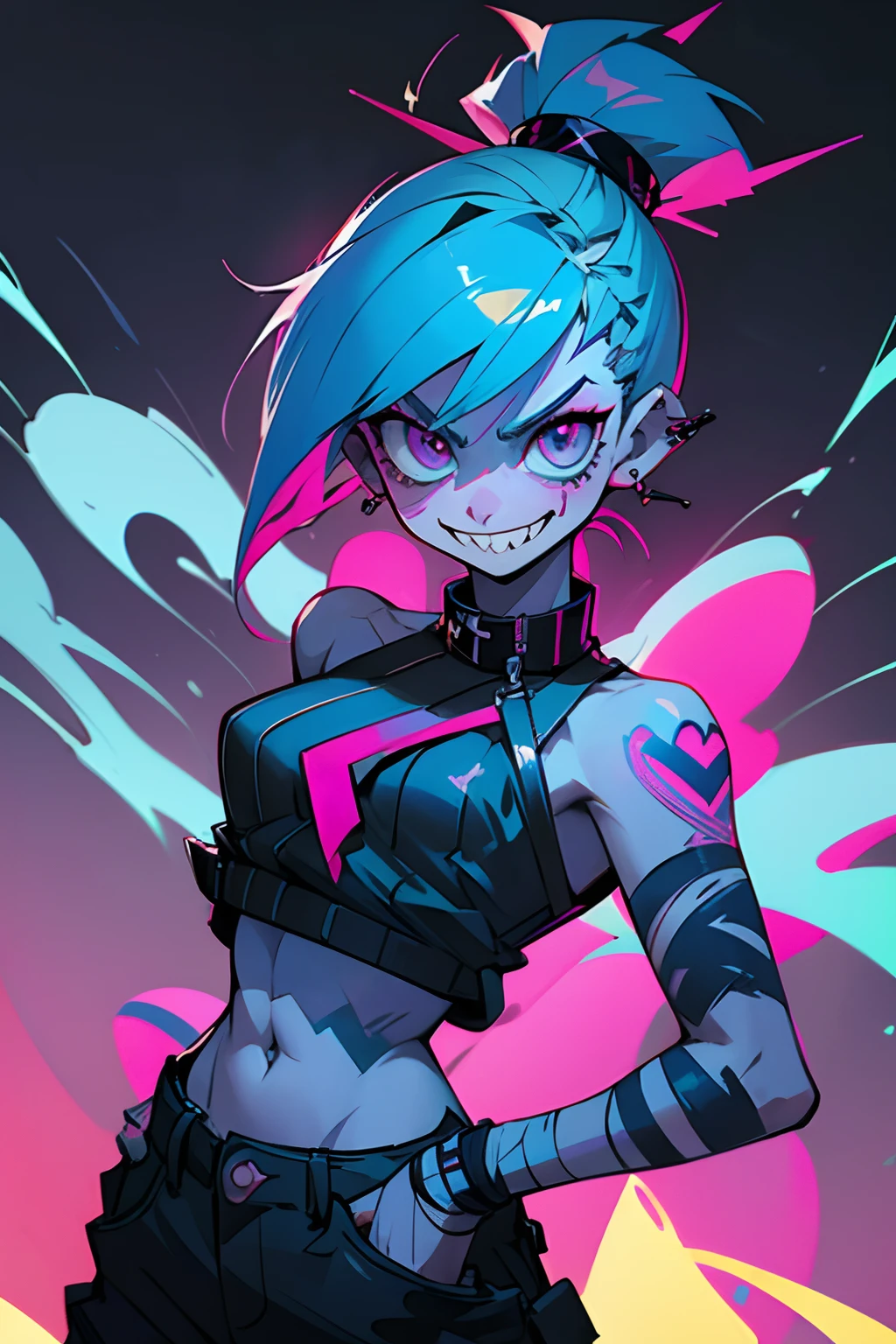 kpop girl, psycho minacing laugh, arms on back stays hidden, bandages, cool pose, fade cut blue neon cyan colored hair, lust, bad ass, black, shows open smile sharp teeth, fadecut blue neon cloud style hair, tattoos on hands and neck, piercing, black mixed pink striped sweater, cool badass pose, smoke background