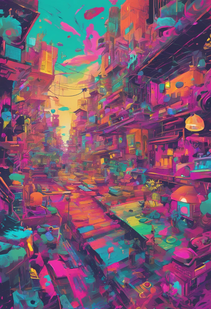 Splatoon Bold neon colors, Splash Art, Splattered neon colors, (Iridescent glowing smoke) ((Motion Effect)), Best Quality, Wallpaper Art, nffsw, Center Image, M Schiffer Art, ((Flat color)), (cel-shading style) Very bold neon colors, (High color saturation) sloping, Psychedelic environment