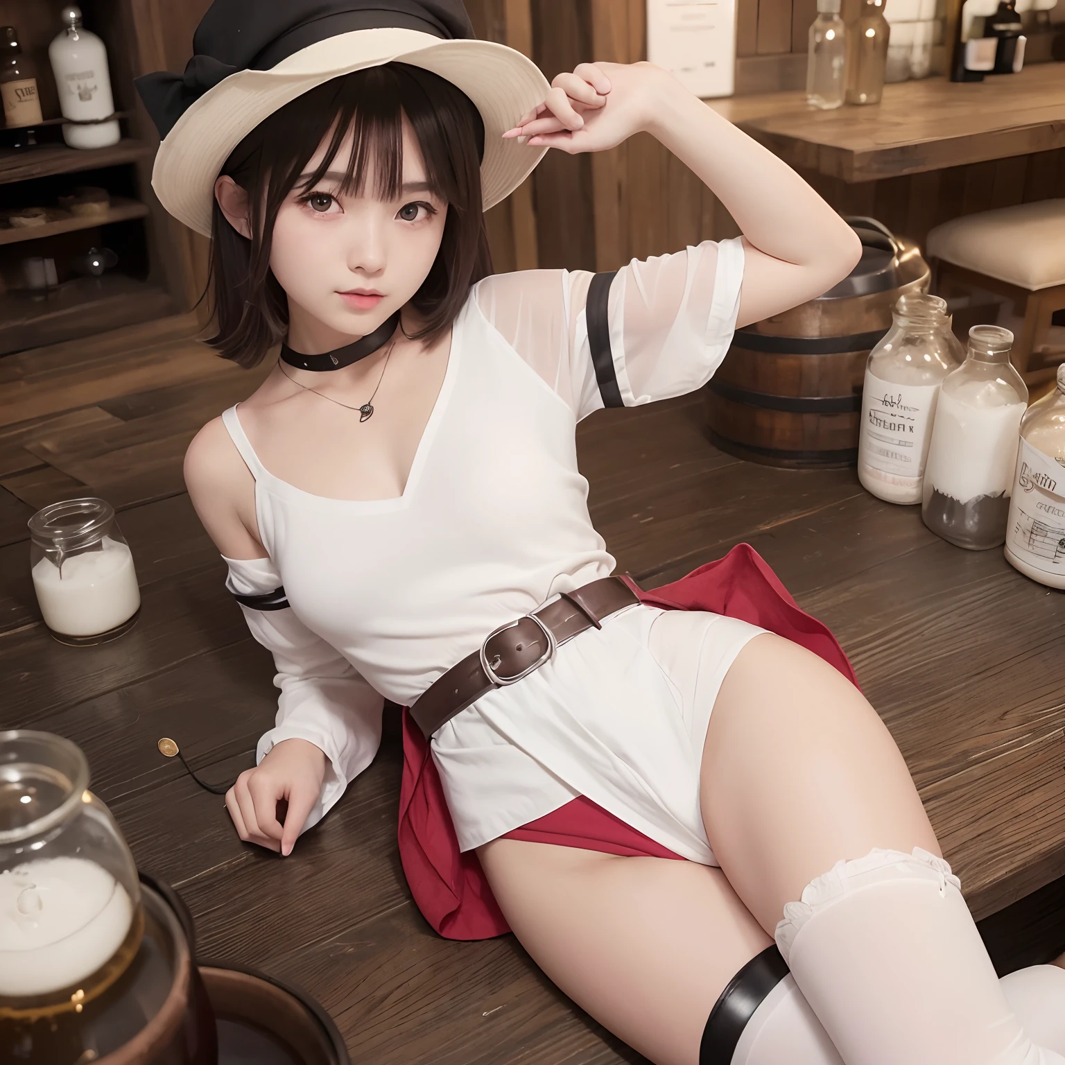 (Best Quality:1.2),(Atrieliza:1.4), Raysaline Stout,Liza,1girl in,Cute,Kawaii Girl,
,bloom,(Perfect face:1.2),Smile, ^_^, Troubled eyebrows
,thick thighs, Parted lips, Beautiful eyes, (Red shorts:1.2),Short hair,White hat,Black bow,Key Necklace,Thigh boots,Brown boots,Strapless shirt,White shirt,brown belt,large calf
,Sweat, Shiny skin,Wet
,alchemist,Fantasy,Pill bottles and laboratories,(Alchemy Jar:1.2)