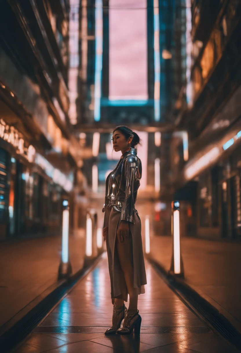 a Japanese female wearing futuristic clothes, dreamy, cyberpunk, photorealistic, RAW photo, atmosphere, lights, fully body, environment, hyperrealism, beautiful, ethereal, film grain, cinematic lighting, depth of field, drop shadow, Sony FE, pov, futurism, fashion, retrofuturism vibes, dreamy, accessories, aesthetics, cyberpunk, detailed, modern, city, instagram photo, photography, photoreal, synthwave, nature, RAW photo, textured, multiple angles, 1 female