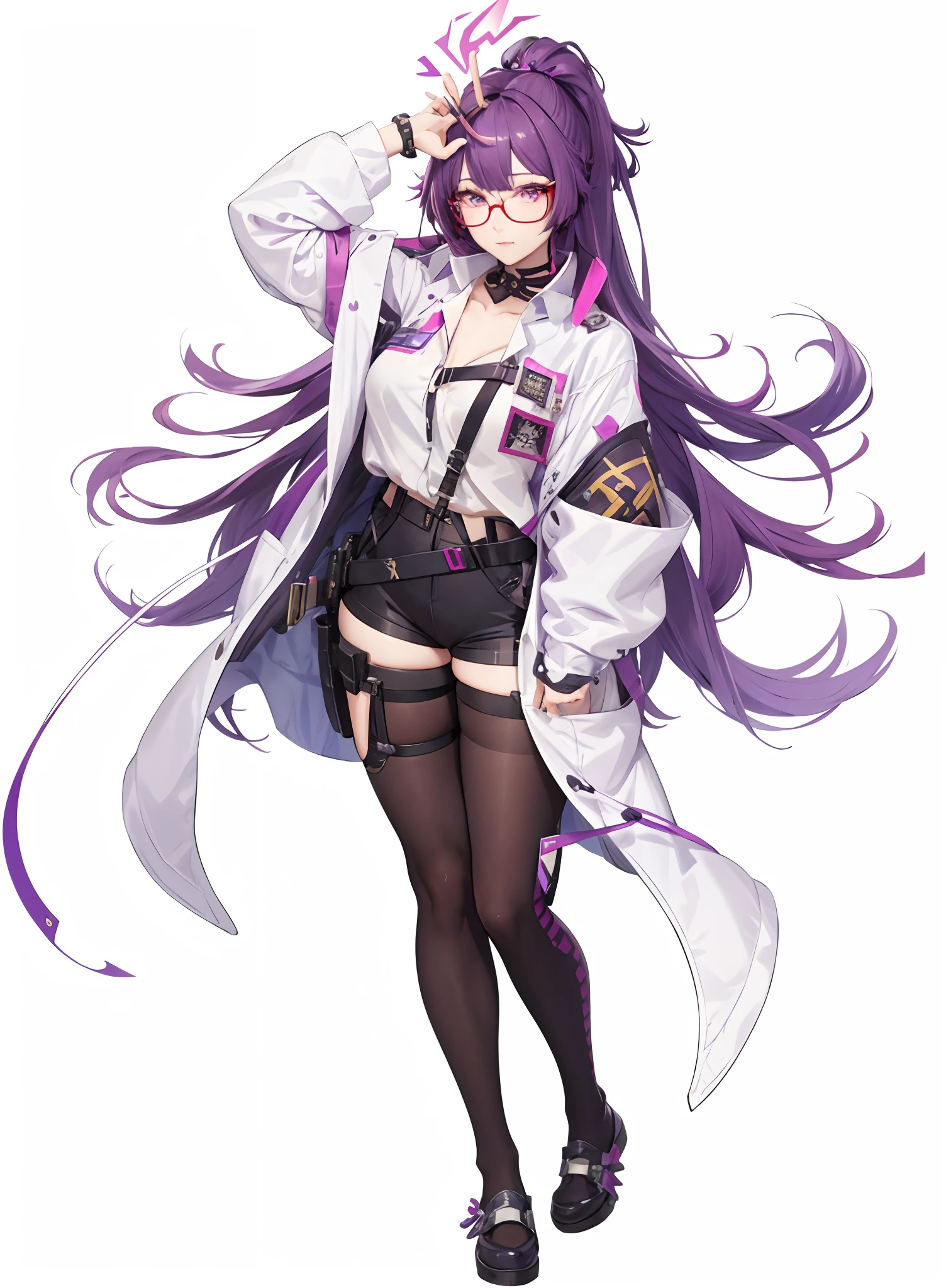 a close up of a person with a purple hair and glasses, from girls frontline, kda, ayaka genshin impact, full body xianxia, girls frontline style, official character art, fine details. girls frontline, girls frontline universe, wearing lab coat and glasses, anime moe artstyle, cushart krenz key art feminine