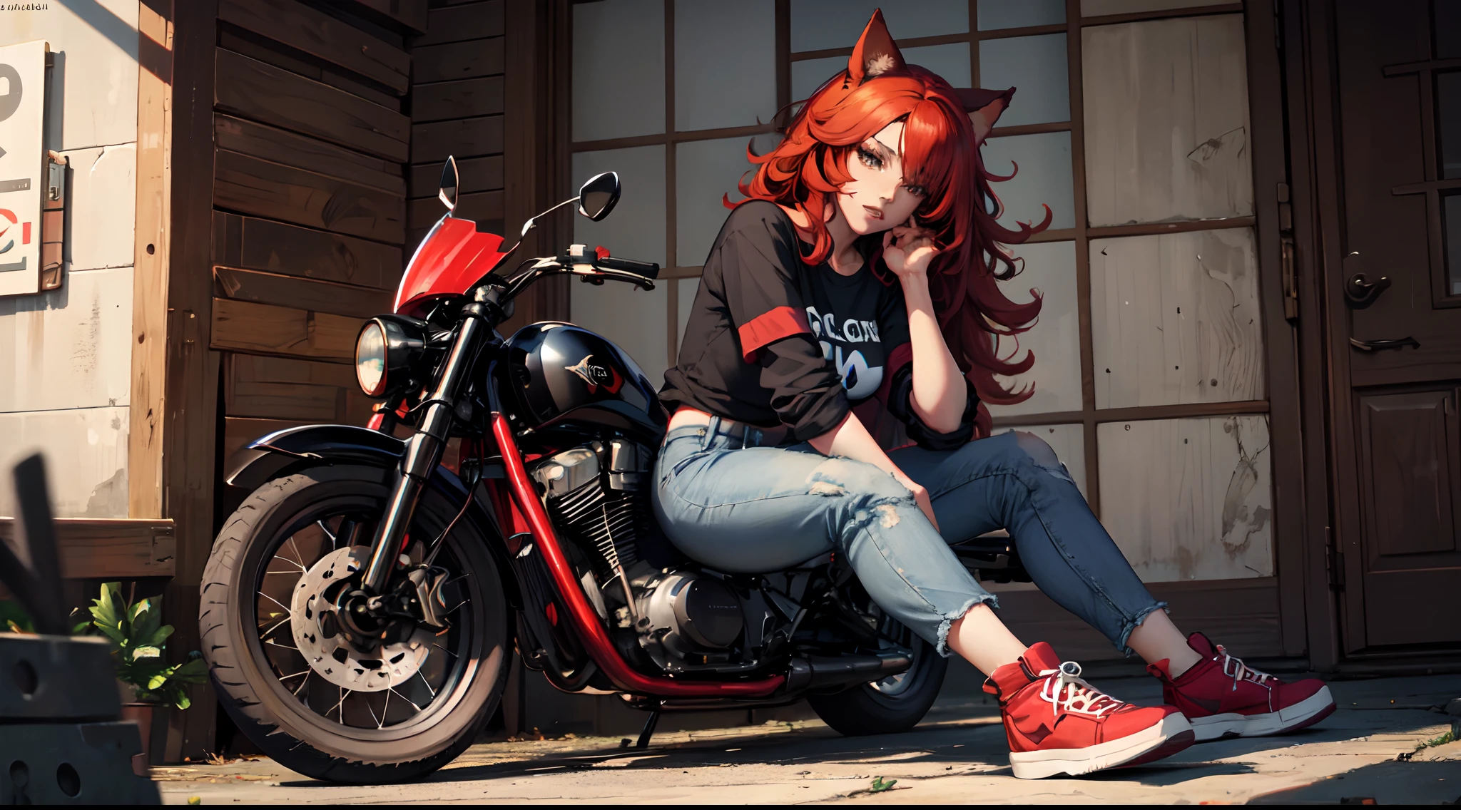 1 ebony girl with red cat ears, curly hair, red haired, wearing a black thigt t-shirt, denim jacket, denim pant and black sneakers, having a big breast and big thights
