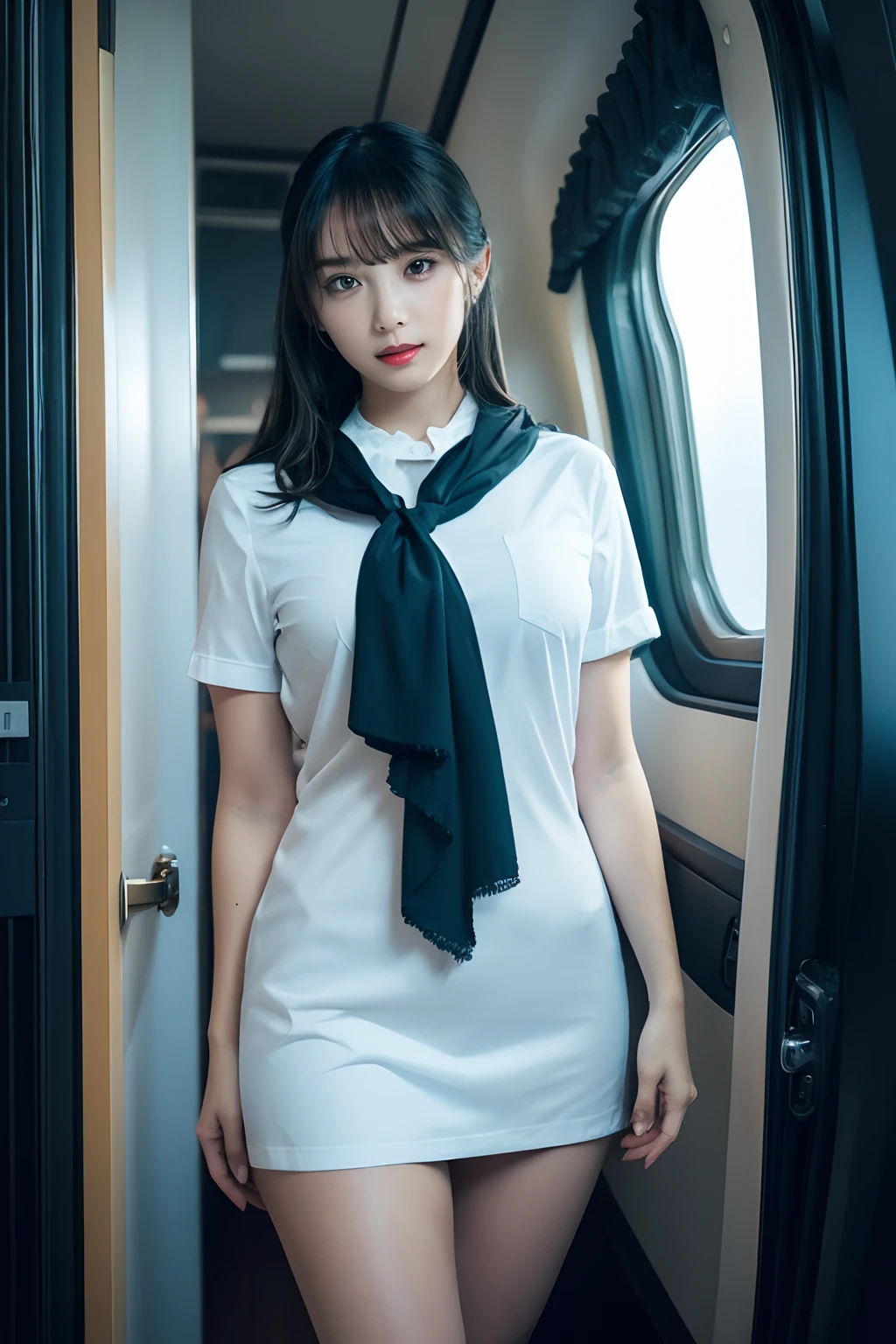 Naked," Figure, cabin attendant, Dark pubic hair , the perfect body, Full body like,in an airplane,Stand in the aisle,Thin scarf on the neck,Transparent Cabin Attendant Uniform, (Best Quality, 4K, 8K, High resolution, masutepiece:1.2), Ultra-detailed, (Realistic, Photorealistic, Photorealsitic:1.37), royal, Captivating, (Vibrant colors, sharp chest:1.1), Soft lighting"