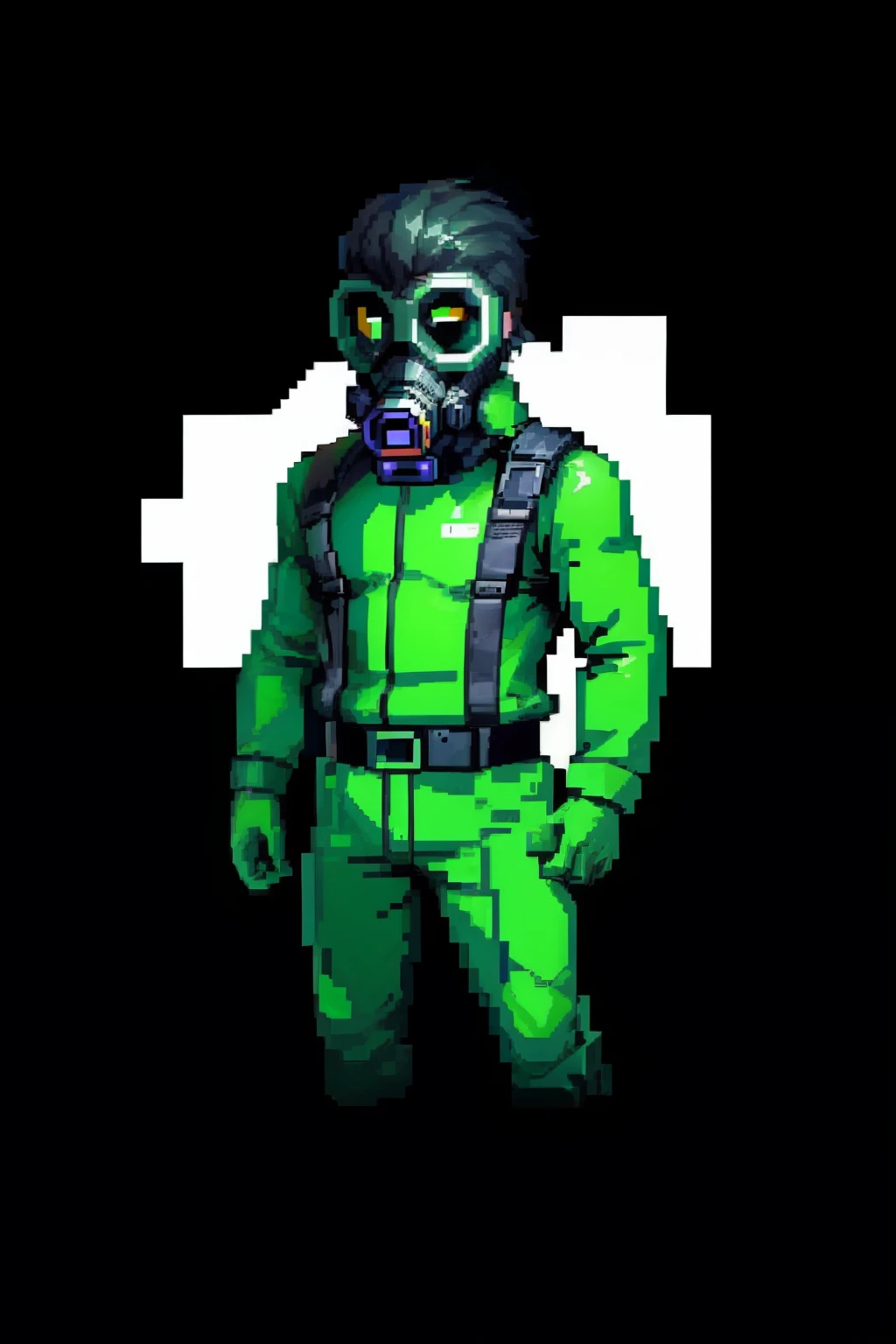 ((In the style of pixel art)), pixel, 4-bit pixel art, A man in a dark green uniform wearing a gas mask, black backdrop, Ultra-detailed pixel art