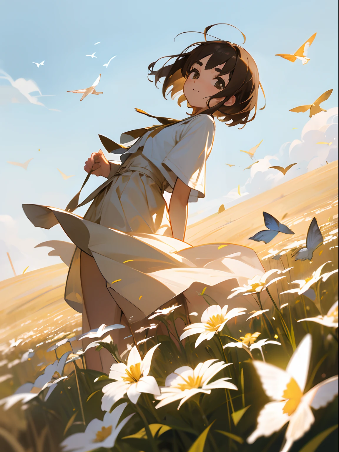 High Detail, Ultra Detail, Ultra High Resolution Light brown eyebrows, short brown hair girl enjoying her time in open field, surrounded by the beauty of nature, warm sun sprinkling on her, white flowers gently swaying in the breeze. Butterflies and birds flutter around her, adding to the playful atmosphere , --v6