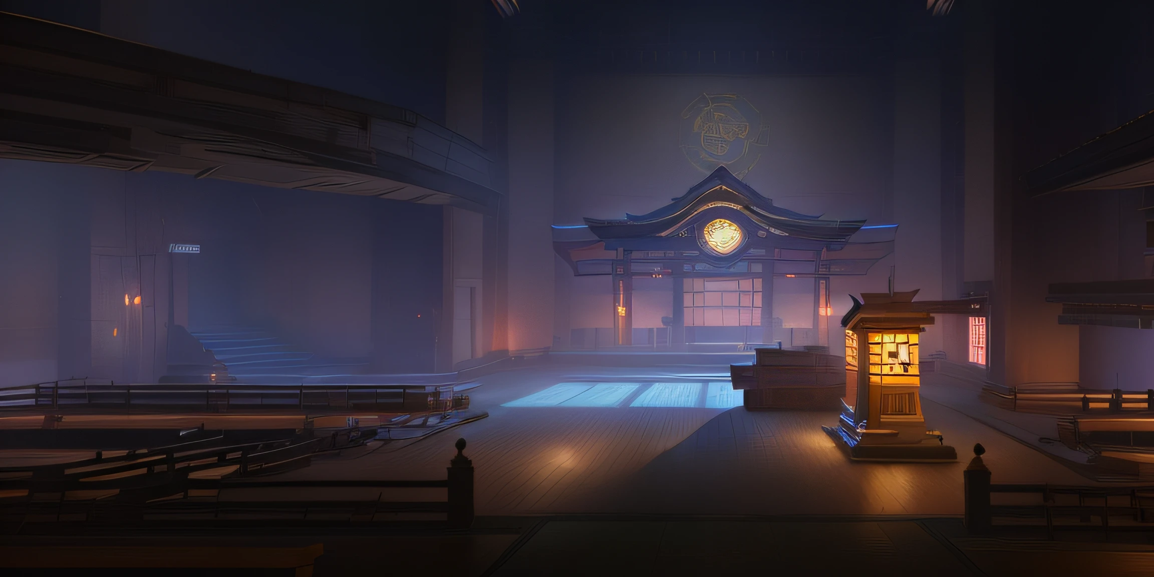There is a large room with a clock and benches, 《overwatch》a screenshot, overwatch building, from overwatch, overwatch design, sojourn from overwatch, Detailed textures and lighting, detailed lighting and textures, cyberpunk japanese temple, smooth concept art, arena background, quiet and serene atmosphere, official overwatch game art, video game environment design, by Kieran Yanner