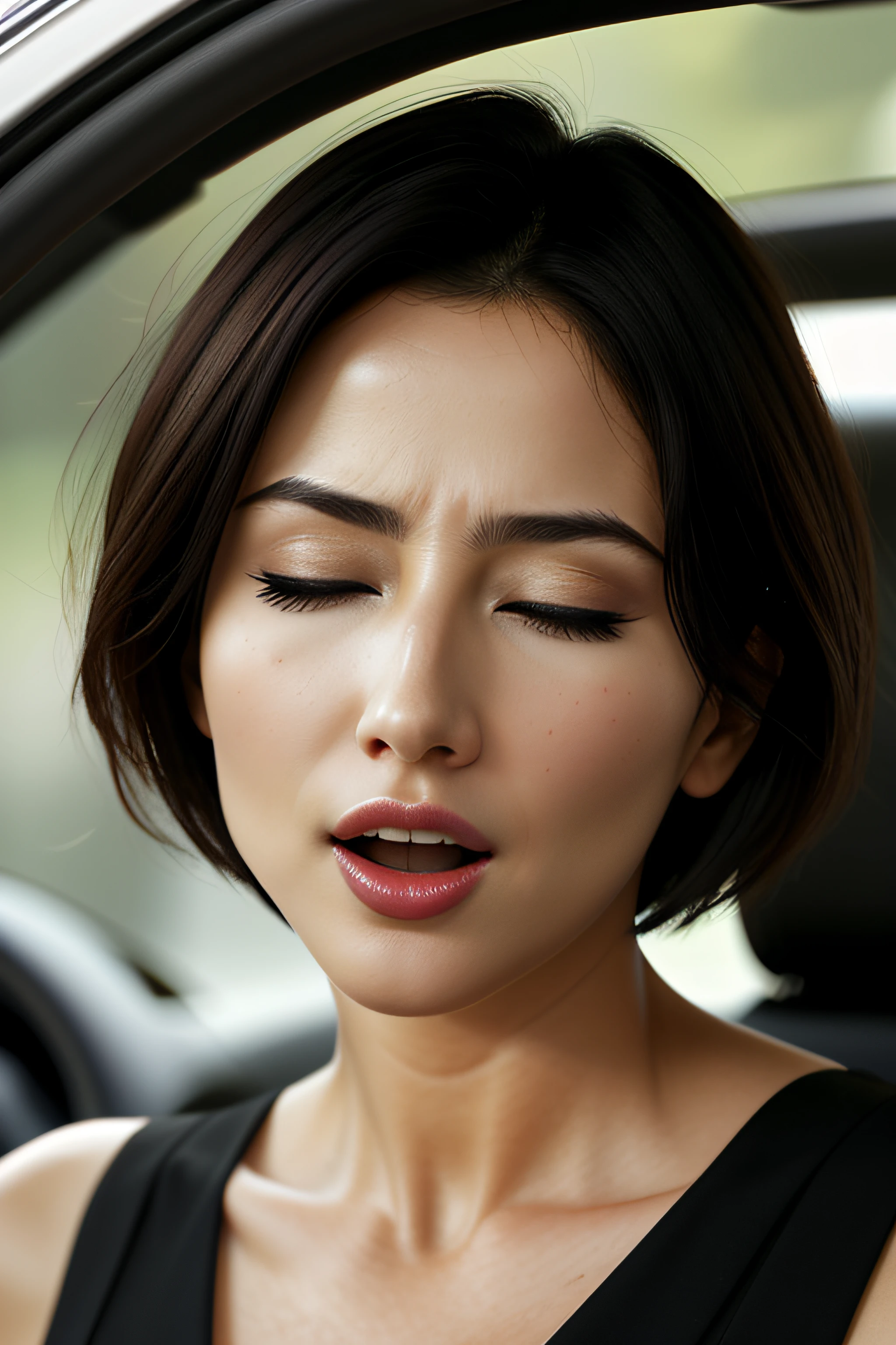masutepiece,,award - winning photo, Extremely detailed, edgOrgasm,Face Focus, (Woman with mouth open and eyes closed ), 18year old、A dark-haired、CNN News Anchor、Glossy skin、inside of a car、Close-up of face,frombelow、Realistic nostrils、NSFW,short cut hair、