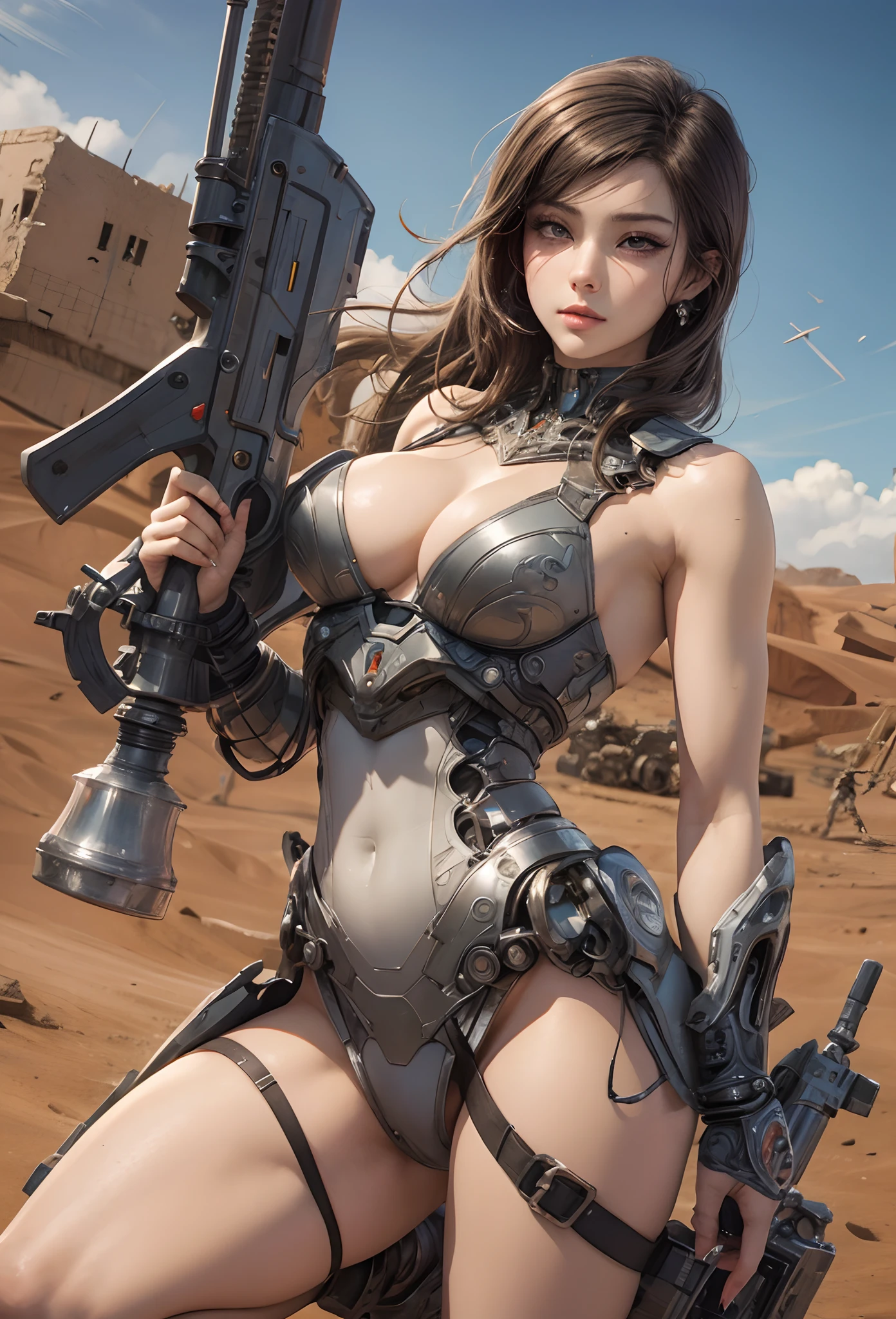 (Detailed illustrations,Very detailed and detailed drawing,Delicate lines with slow and rapid,Realistic texture expression),[Color tressed main line],(Martian battlefield [Desert Ruins]),[独奏],HENTAI ((ANIME) BIONICGirl) Beauty (14years))((well-muscled)) [SKINNY],cyborgs [MACHINEARMY Mobile Infantry Military],Bullet belt [Hood cloak [Brute knife]] [Heavy Mace [javelin]] [[Shells Mortars Grenades]],gravure [[catfight]] Battle Damage,[retro-futuristic],(Intricate and beautiful decoration [Dense detail]),(Fine and beautiful skin expression [Transparency]),[Perfect eye details (Iris beautifully drawn in every detail)[Jewel-like eyes]],[long and beautiful eyelashes],[Meticulously drawn hair [More on beautiful and shiny hair]],(Perfect hand details [Beautiful fingers without breakdowns [Beautiful nails]]),(Perfect Anatomy(Perfectly proportioned))[[Full body like]],[[Design built to the highest level]][Ideal color coordination(Accurate simulation of light-material interactions)],([Precision Detail](detaileds,high-detail)),[Visual art that conveys a sense of narrative].