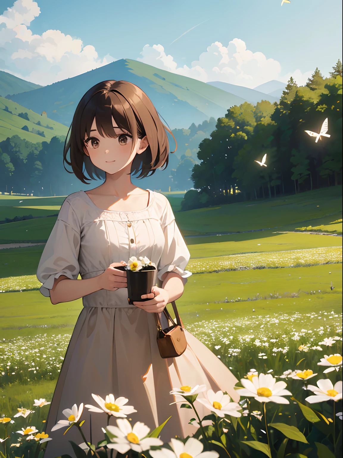 High Detail, Ultra Detail, Ultra High Resolution Light brown eyebrows, short brown hair girl enjoying her time in open field, surrounded by the beauty of nature, warm sun sprinkling on her, white flowers gently swaying in the breeze. Butterflies and birds flutter around her, adding to the playful atmosphere , --v6