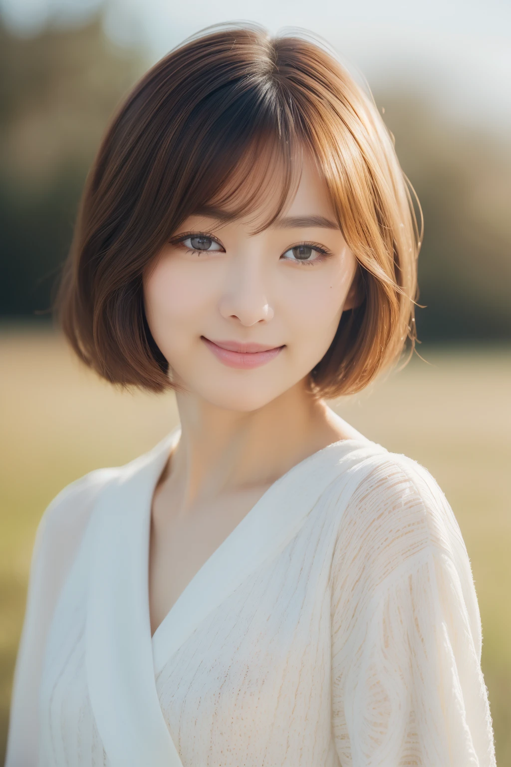((top-quality、8K、masterpiece:1.3))、Photoreality(1.4))、Raw photo、single woman、ligh brown hair、short-hair、Super delicate facial Japan、Delicat eyes、二重まぶた、lightsmile、Cold morning