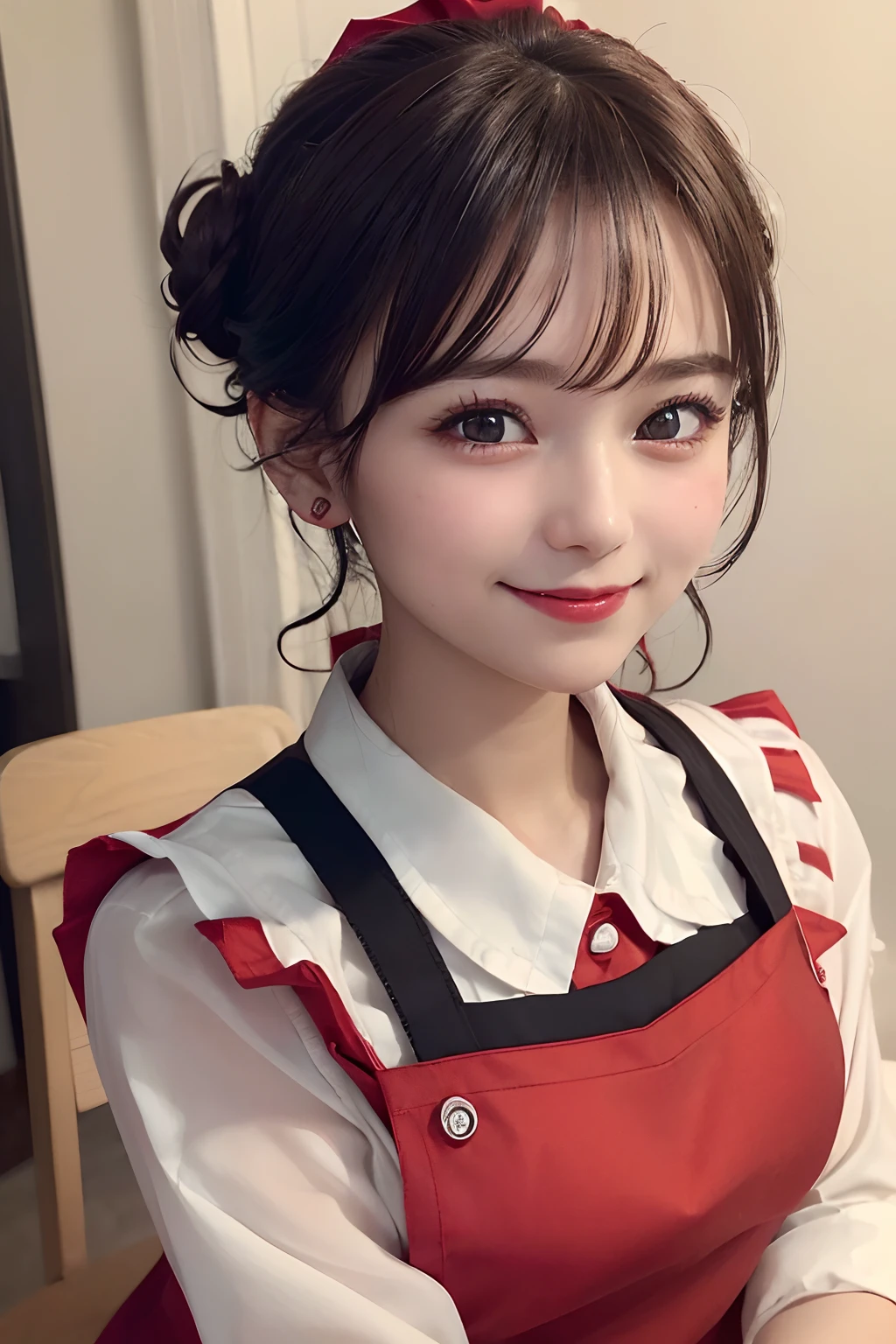 ((best quality, 8K, masterpiece)), ultra detailed, sharp focus, 1 cute girl, ((red apron:1.4)), (updo:1.4), (simple collared shirts:1.4), highly detailed face and skin texture, ((detailed eyes)), ((beautiful black eyes:1.2)), (smile:1.15), (closed mouth), (cafe)