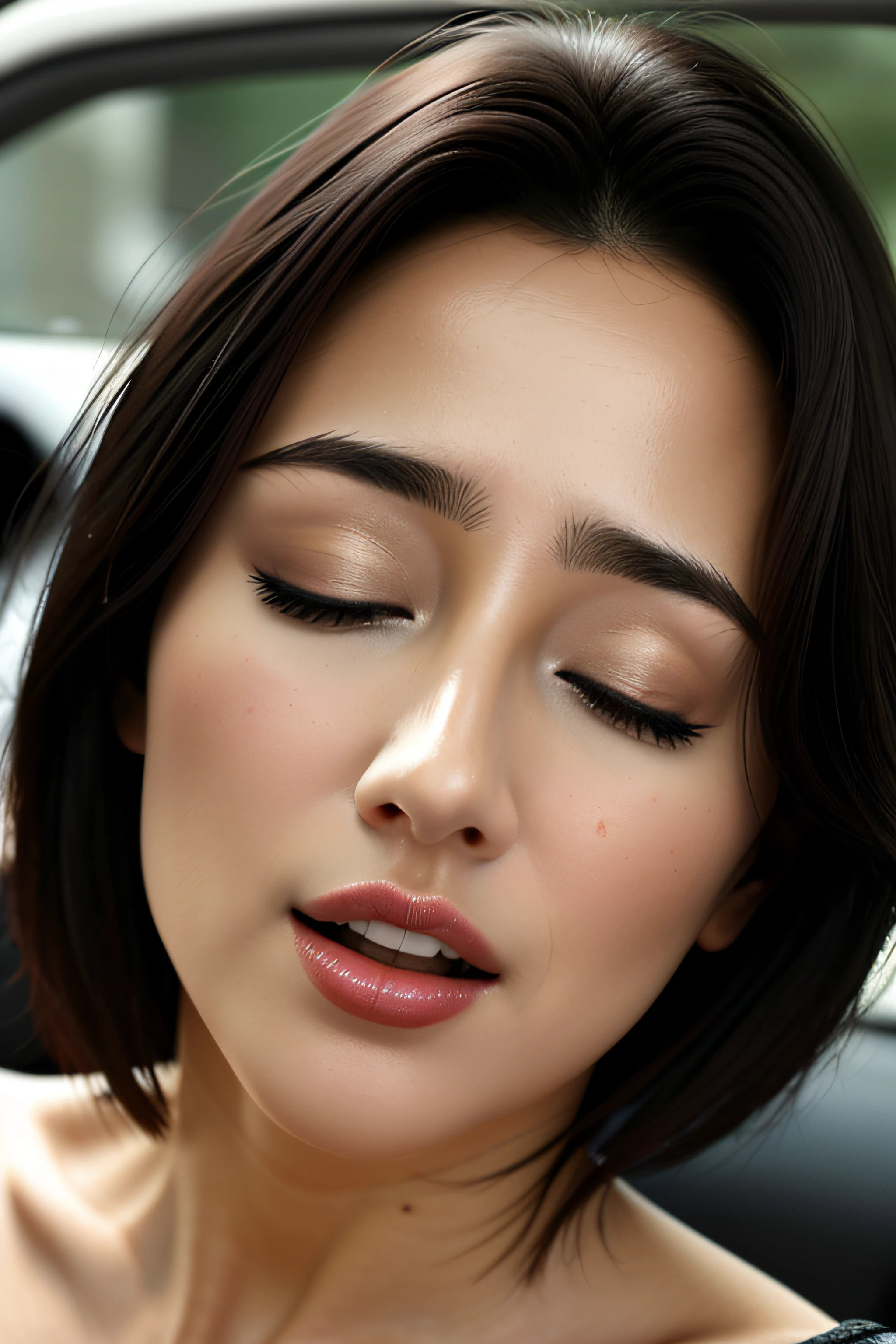 masutepiece,,award - winning photo, Extremely detailed, edgOrgasm,Face Focus, (Woman with mouth open and eyes closed ), 18year old、A dark-haired、CNN News Anchor、Glossy skin、inside of a car、Close-up of face,frombelow、Realistic nostrils、NSFW,short cut hair、