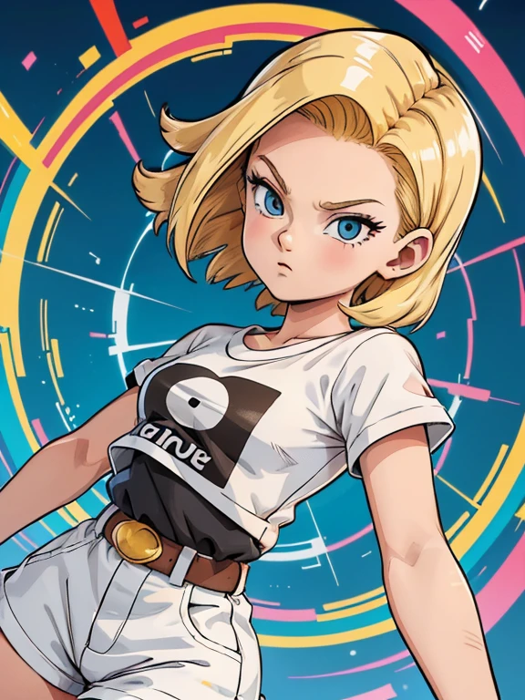 Estilo vectorial, colores vibrantes, Fondo simple、fondo blanco、Paiting de acuarela、burst of color, Android18, Inside a circle, t-shirt design