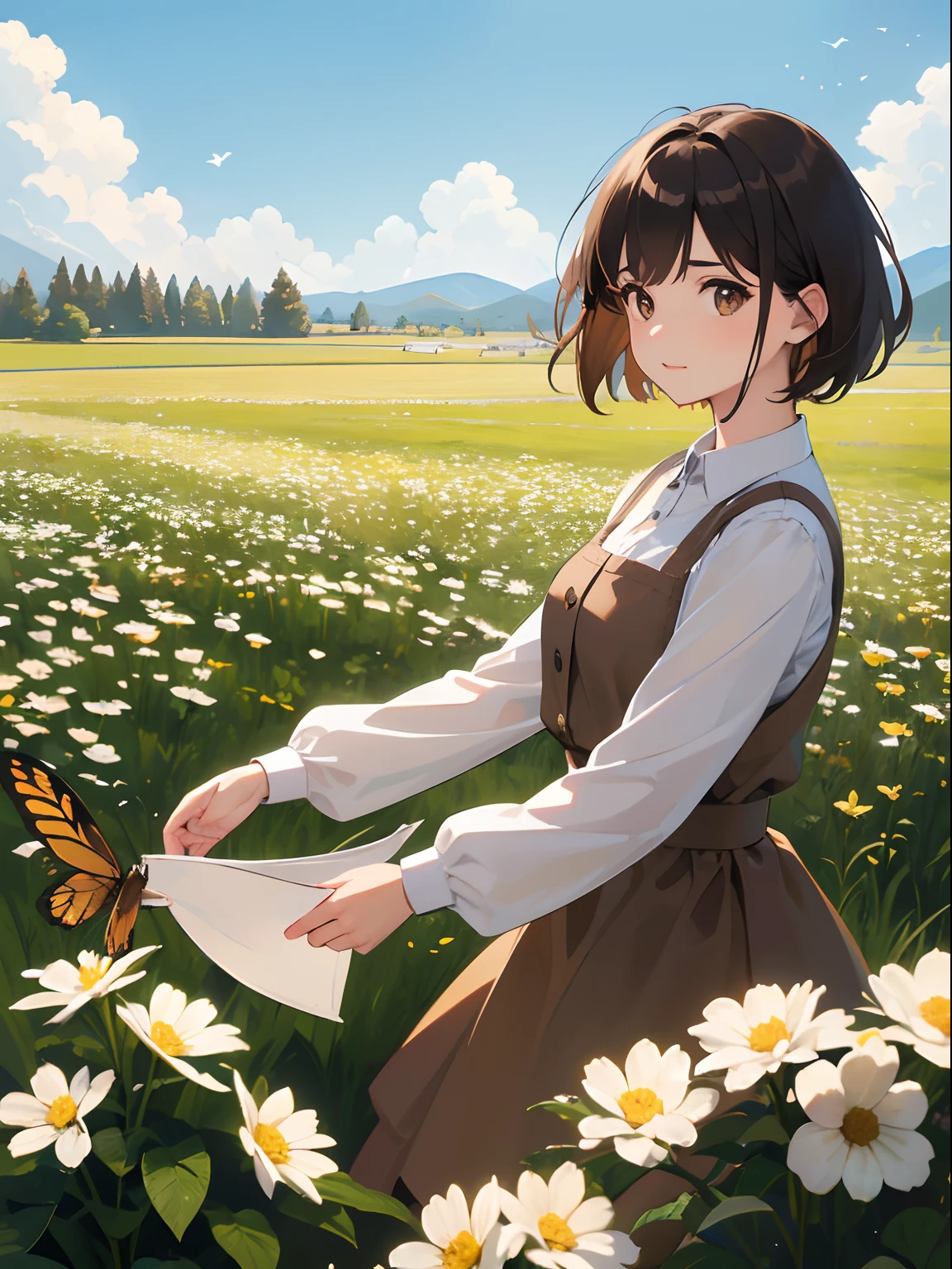 High Detail, Ultra Detail, Ultra High Resolution Light brown eyebrows, short brown hair girl enjoying her time in open field, surrounded by the beauty of nature, warm sun sprinkling on her, white flowers gently swaying in the breeze. Butterflies and birds flutter around her, adding to the playful atmosphere , --v6