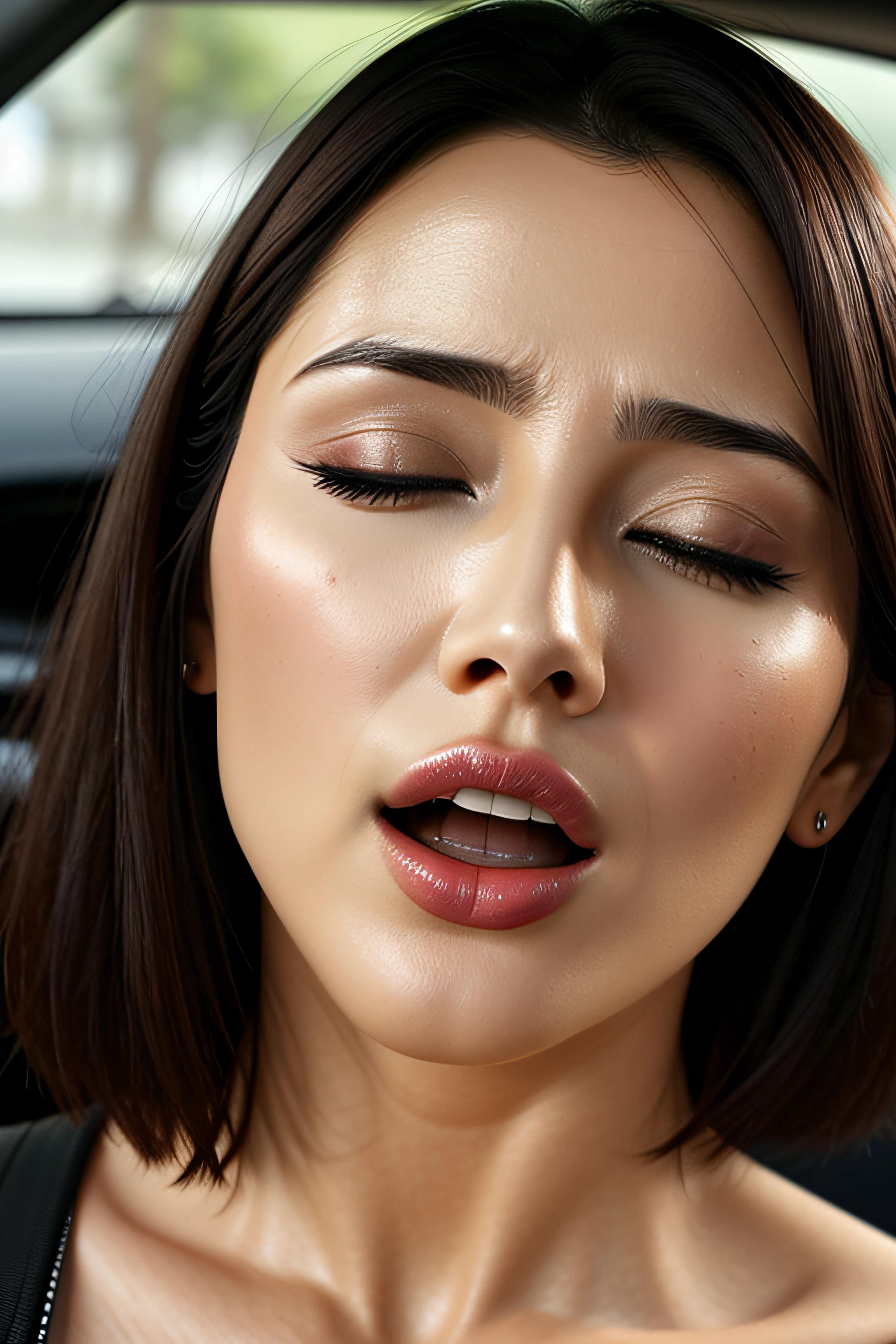 masutepiece,,award - winning photo, Extremely detailed, edgOrgasm,Face Focus, (Woman with mouth open and eyes closed ), 18year old、A dark-haired、CNN News Anchor、Glossy skin、inside of a car、Close-up of face,frombelow、Realistic nostrils、NSFW,short cut hair、