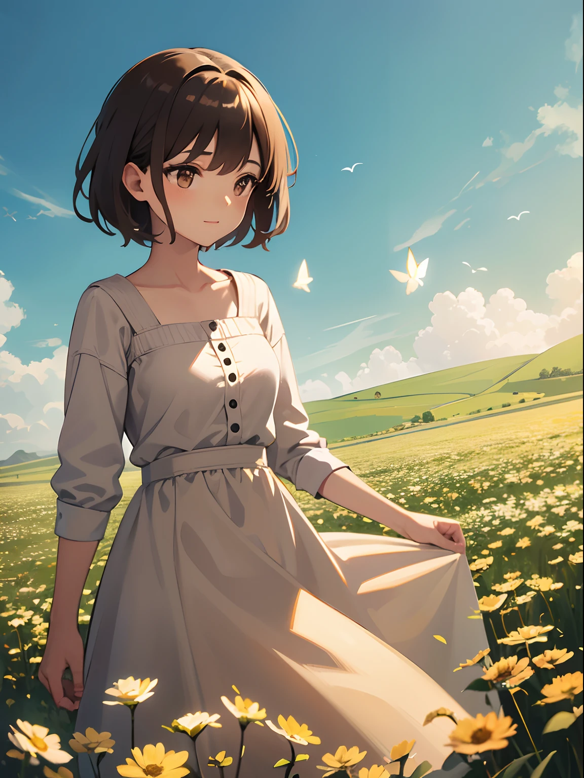 High Detail, Ultra Detail, Ultra High Resolution Light brown eyebrows, short brown hair girl enjoying her time in open field, surrounded by the beauty of nature, warm sun sprinkling on her, white flowers gently swaying in the breeze. Butterflies and birds flutter around her, adding to the playful atmosphere , --v6