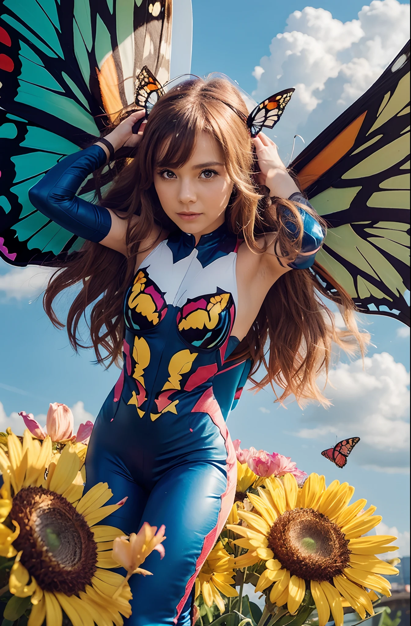 1girl, (masterpiece), (best quality: 1.0), (super high definition: 1.0), girl with butterfly wings, fairy flying, (see-through leotard in bright colors), full body, standing