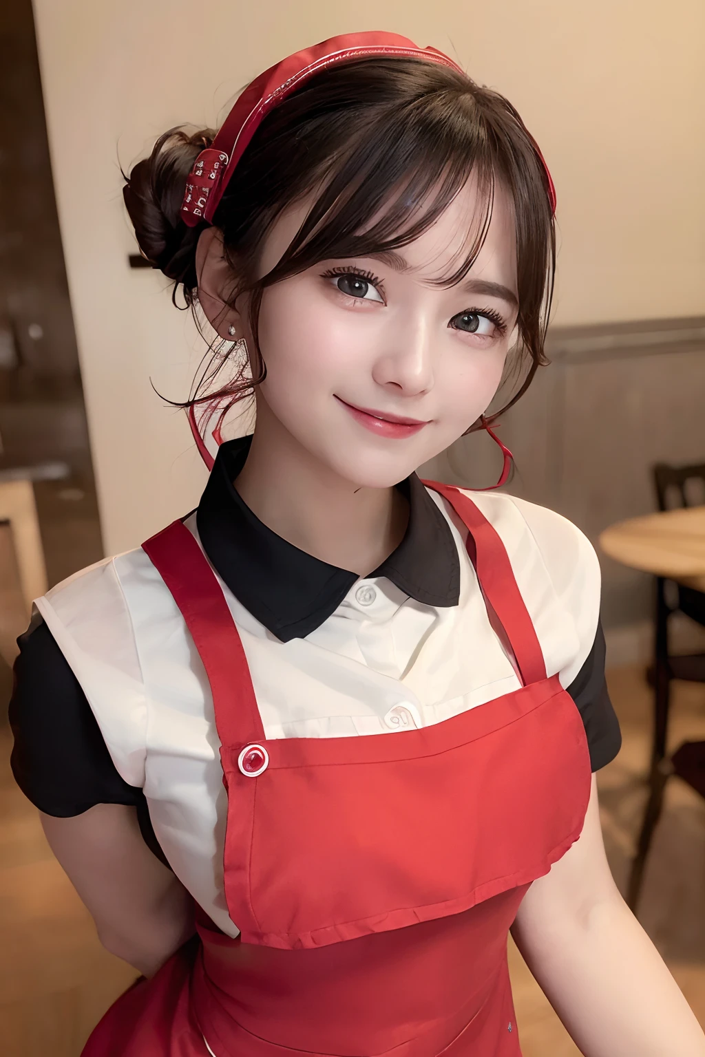 ((best quality, 8K, masterpiece)), ultra detailed, sharp focus, 1 cute girl, ((red apron:1.4)), (updo:1.4), (simple collared shirts:1.4), highly detailed face and skin texture, ((detailed eyes)), ((beautiful black eyes:1.2)), (smile:1.15), (closed mouth), (cafe)