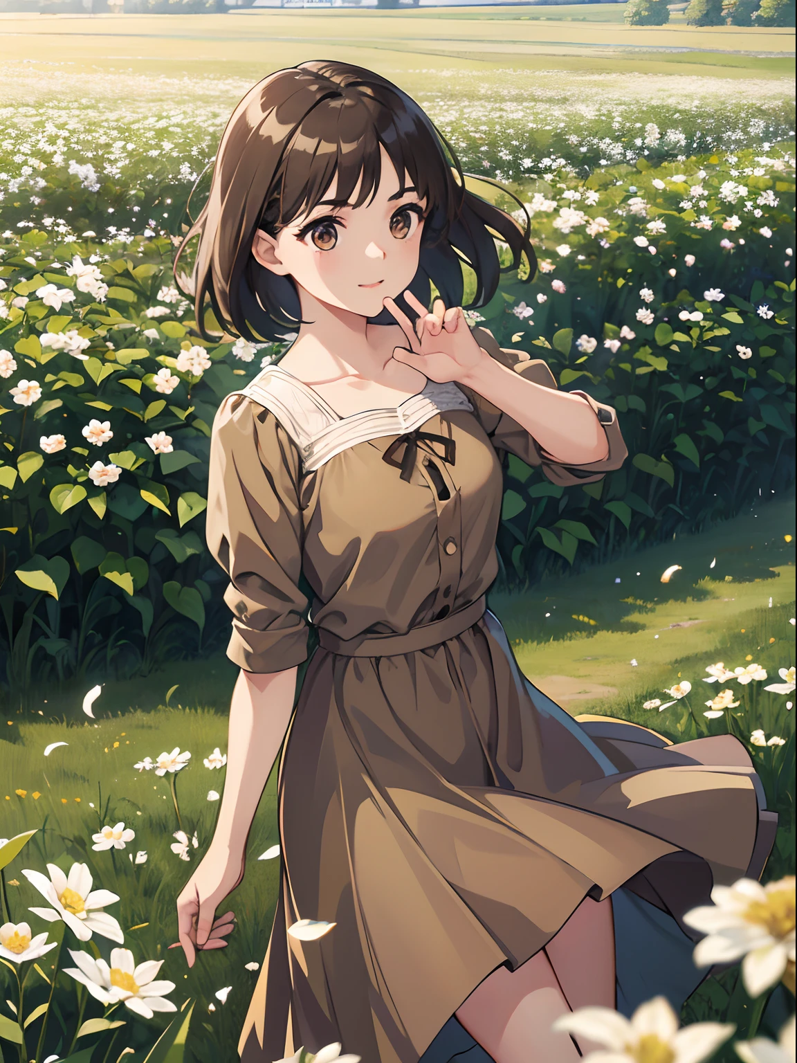 High Detail, Ultra Detail, Ultra High Resolution Light brown eyebrows, short brown hair girl enjoying her time in open field, surrounded by the beauty of nature, warm sun sprinkling on her, white flowers gently swaying in the breeze. Butterflies and birds flutter around her, adding to the playful atmosphere , --v6