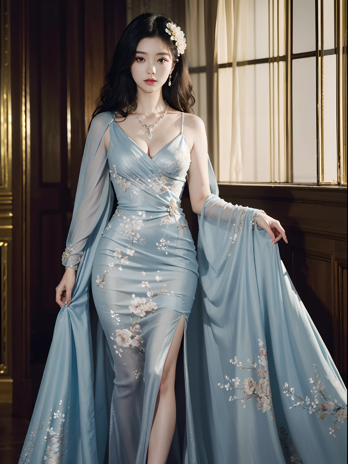 top-quality、tmasterpiece、超A high resolution、(Photorealsitic:1.5)、RAW photogr、1girl in、shadowy、deep shading、Unobtrusive、cold light、Sexy appearance、long whitr hair，curlies、((Luxury evening dress))、((Luxurious painting))、((Luxurious necklace))、((Floral hair ornament))、((Hair_decorations))，hdr