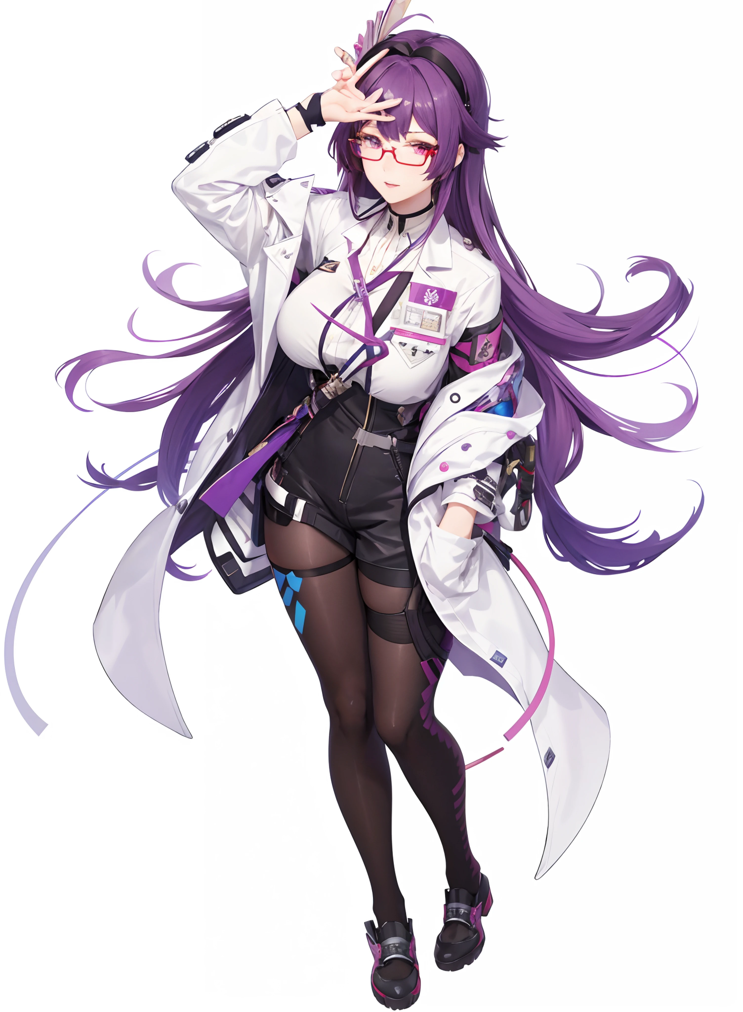 a close up of a person with a purple hair and glasses, from girls frontline, kda, ayaka genshin impact, full body xianxia, girls frontline style, official character art, fine details. girls frontline, girls frontline universe, wearing lab coat and glasses, anime moe artstyle, cushart krenz key art feminine