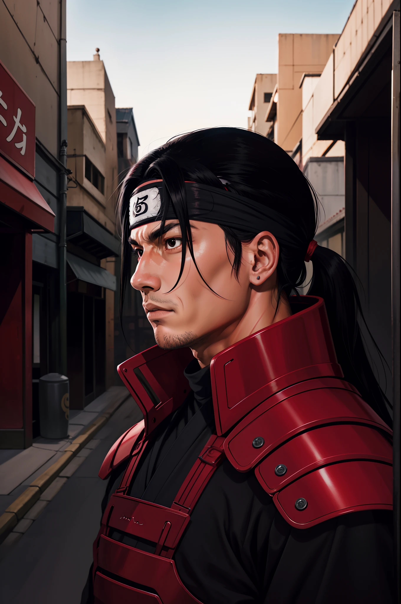 masterpiece, best quality, ultra-detailed, upper body shot, 1man, male focus, hashirama senju, wearing red armor, long black hair, Konoha headband, cool attitude, dinamic lighting, vivid colours, Urban Background ,