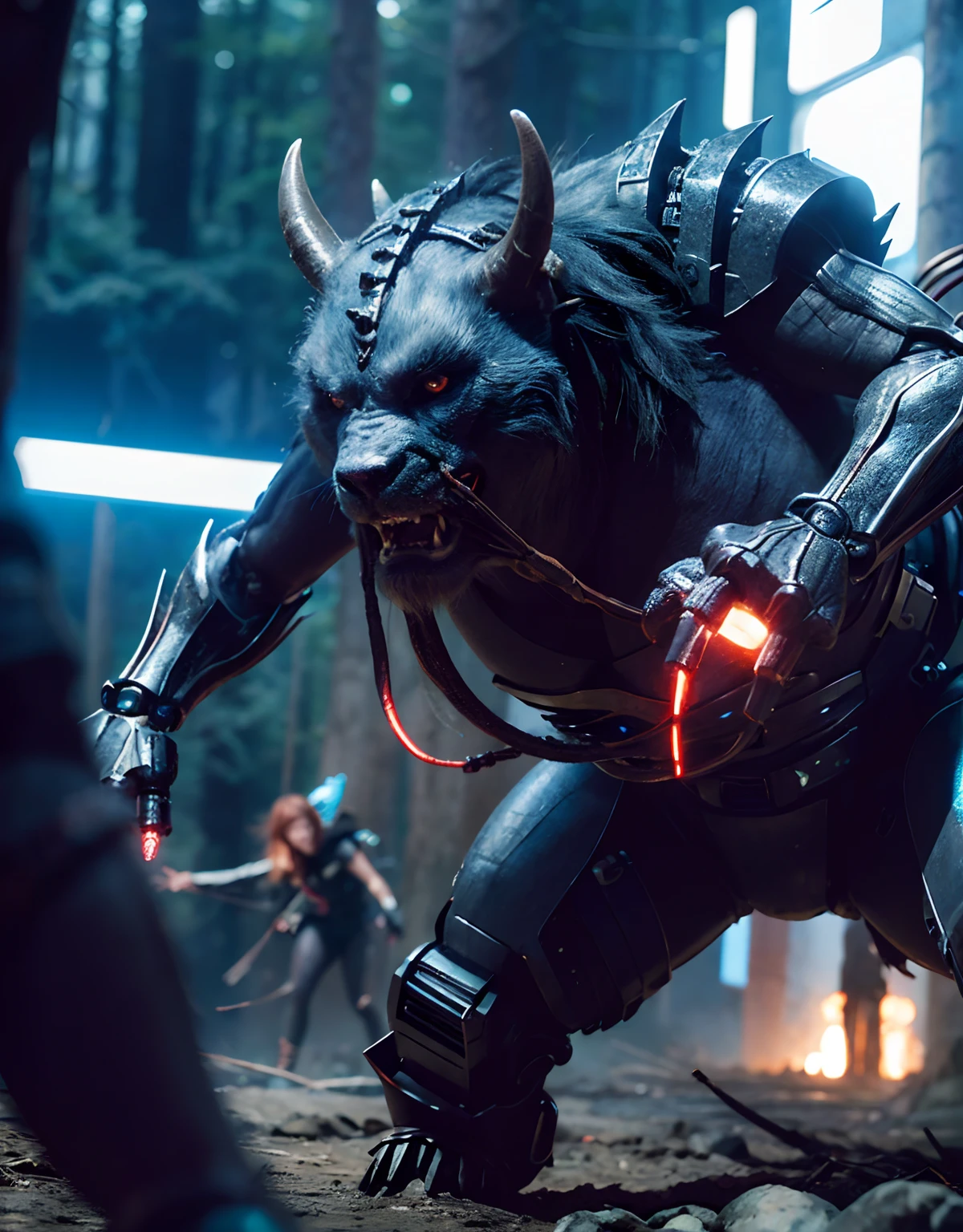 (1 Mechanical Girl)、top-quality、​masterpiece、超A high resolution、(Photorealsitic:1.4)、Raw photo、1人、Fight mutants、glowy skin、(((1 Mechanical Girl)))、With a beautiful knife、（Red Metal Bodysuit）、(Fight goblings、ogre、Fierce battle with orcs),（Fight fiercely against aliens）、Fight fiercely、(beautiful forest background)、(Fighting Demonic Beasts)、(Small LED)、((super realistic details))、portlate、(Strong giant demon beast background),globalillumination、Shadow、octan render、8K、ultrasharp、Colossal tits、Raw skin is exposed in cleavage、metals、Details of complex ornaments、Japan details、highly intricate detail、Realistic light、(Mystical expression),CGSoation Trends、Blue eyes、radiant eyes、Facing the camera、neon details、(Mechanical limbs)、(blood vessels connected to tubes)、(Wires and cables connecting to the head)、Small LED、,Mechanical thighs、Toostock、（Hands are also made of machines）、（Attack of the Monster Beasts）、