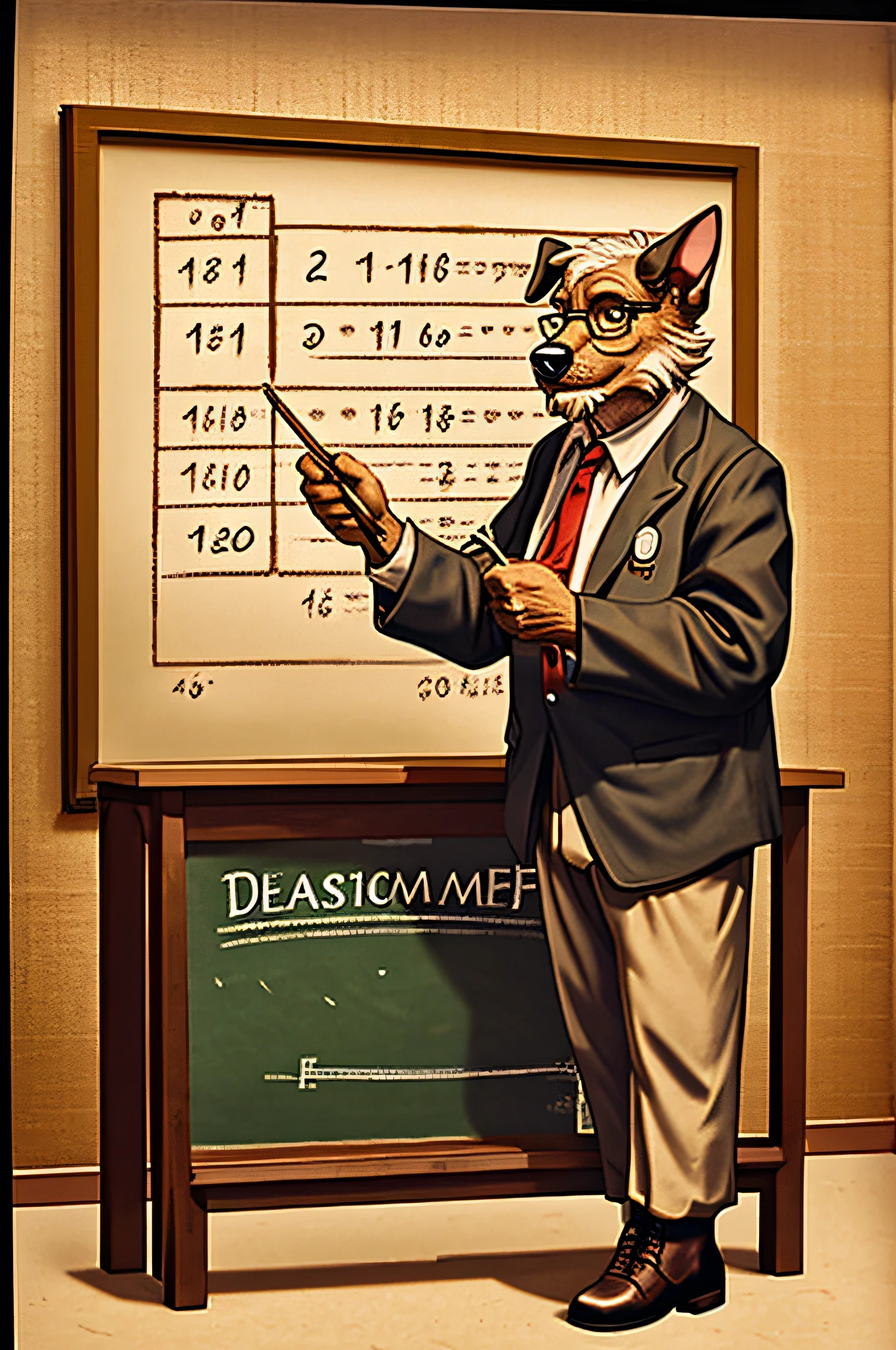 A fairly elderly professor uses a blackboard to explain mathematical formulas.、Old dog Westland Terrier、‎Classroom、Vintage Sepia Photography