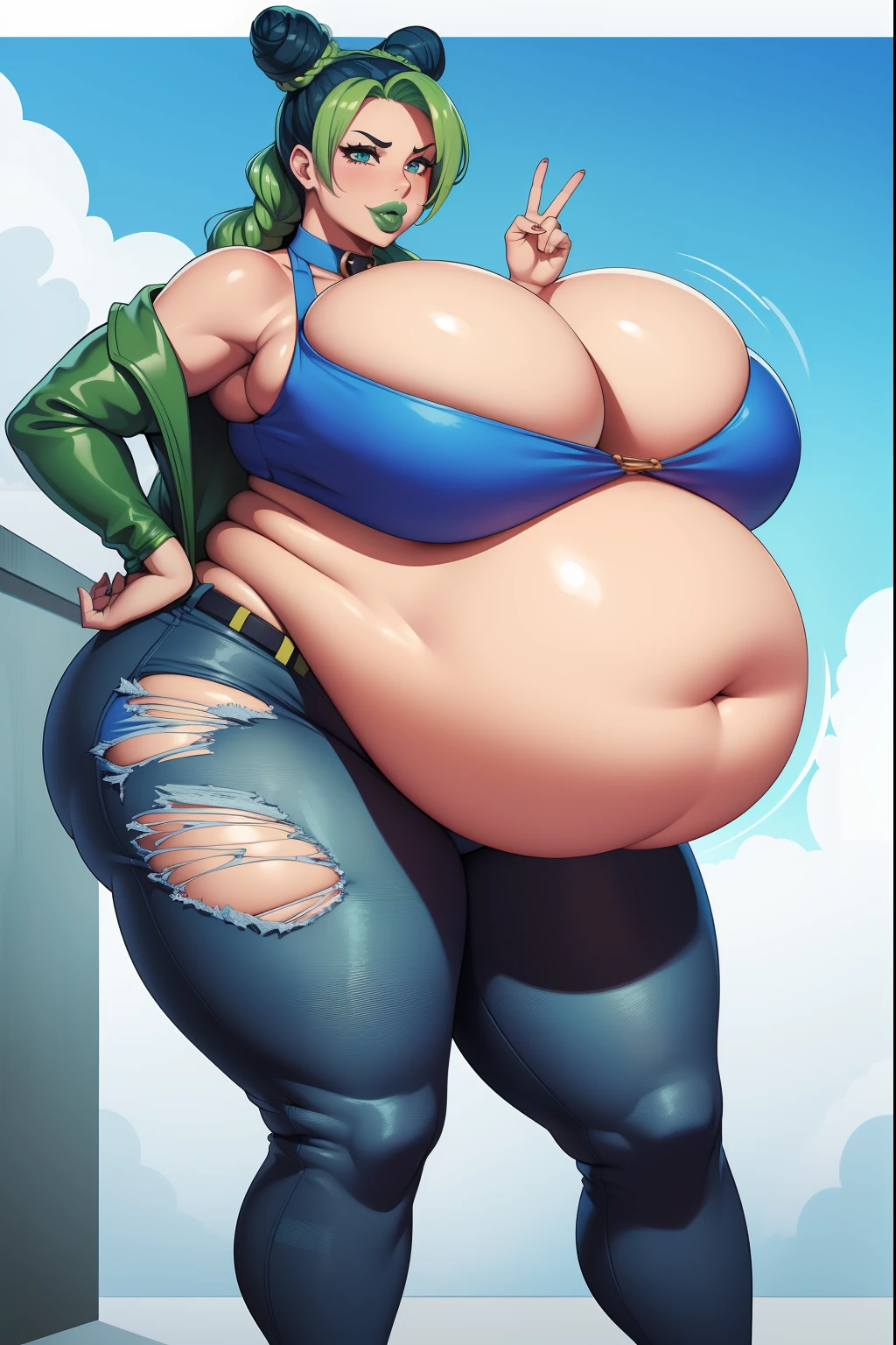 Jolyne cujoh, 1girl, (((bimbo))), long hair, puffy lips, painted green lips, thick lips, wide hips, thick thighs, enormous round breast, huge ass, erotic kiss face, oily shiny skin, enormous huge natural breasts, natural breasts, posing,fat, giant belly, ((peace sighn with hands)), (laughing), ((belly bigger than body)), obese, SFW, ((enourmus wide hips)),((((blue top)))),ripped jeans, jacket