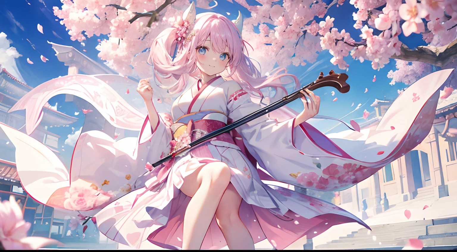 (Pink petals bloom at your feet)) Beautiful Dancing Angel Girl, Blue eyes、On a stringed instrument、Cherry-colored ankle ornament at the ankle、long white hair , Wear a pink kimono with a red hem,Dragon of Japan、Hareful、Rabbit、Happy、A smile、high-level image quality