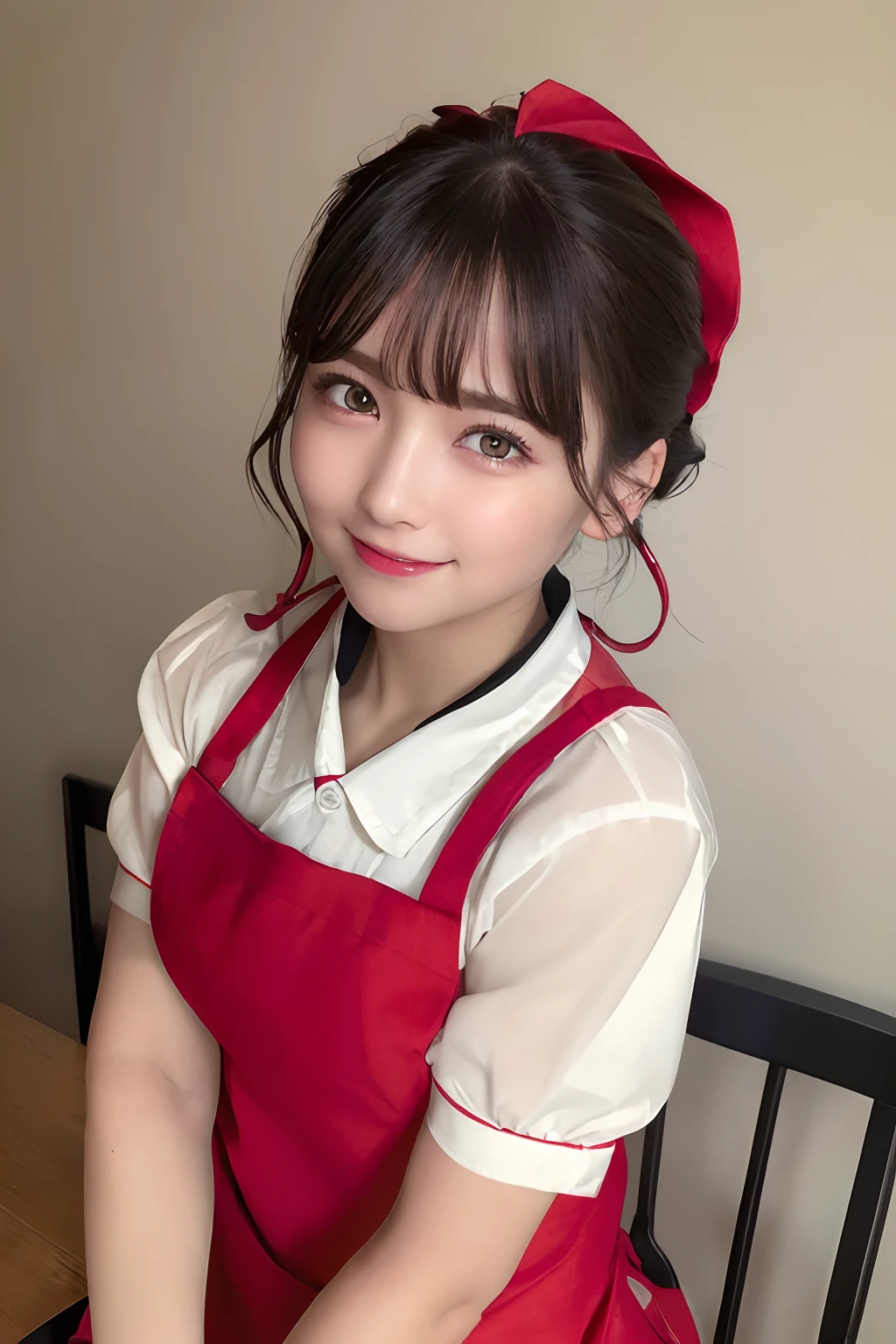 ((best quality, 8K, masterpiece)), ultra detailed, sharp focus, 1 cute girl, ((red apron:1.4)), (updo:1.4), (simple collared shirts:1.4), highly detailed face and skin texture, ((detailed eyes)), ((beautiful black eyes:1.2)), (smile:1.15), (closed mouth), (cafe)