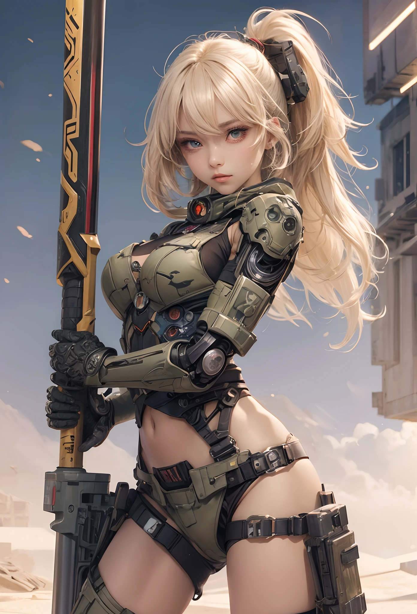 (Detailed illustrations,Very detailed and detailed drawing,Delicate lines with slow and rapid,Realistic texture expression),[Color tressed main line],(Martian battlefield [Desert Ruins]),[独奏],HENTAI ((ANIME) BIONICGirl) Beauty (14years))((well-muscled)) [SKINNY],cyborgs [MACHINEARMY Mobile Infantry Military],Bullet belt [Hood cloak [Brute knife]] [Heavy Mace [javelin]] [[Shells Mortars Grenades]],gravure [[catfight]] Battle Damage,[retro-futuristic],(Intricate and beautiful decoration [Dense detail]),(Fine and beautiful skin expression [Transparency]),[Perfect eye details (Iris beautifully drawn in every detail)[Jewel-like eyes]],[long and beautiful eyelashes],[Meticulously drawn hair [More on beautiful and shiny hair]],(Perfect hand details [Beautiful fingers without breakdowns [Beautiful nails]]),(Perfect Anatomy(Perfectly proportioned))[[Full body like]],[[Design built to the highest level]][Ideal color coordination(Accurate simulation of light-material interactions)],([Precision Detail](detaileds,high-detail)),[Visual art that conveys a sense of narrative].