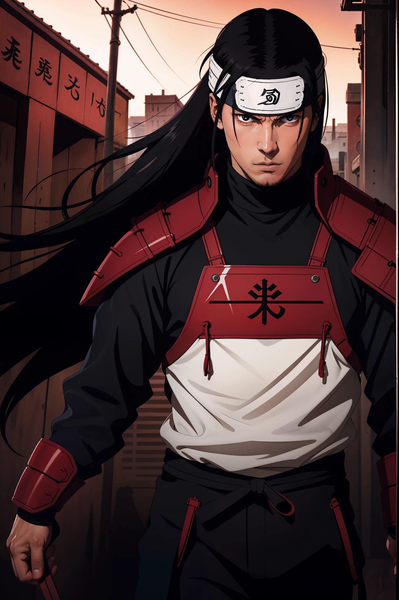 masterpiece, best quality, ultra-detailed, upper body shot, 1man, male focus, hashirama senju, wearing red armor, long black hair, Konoha headband, cool attitude, dinamic lighting, vivid colours, Urban Background ,