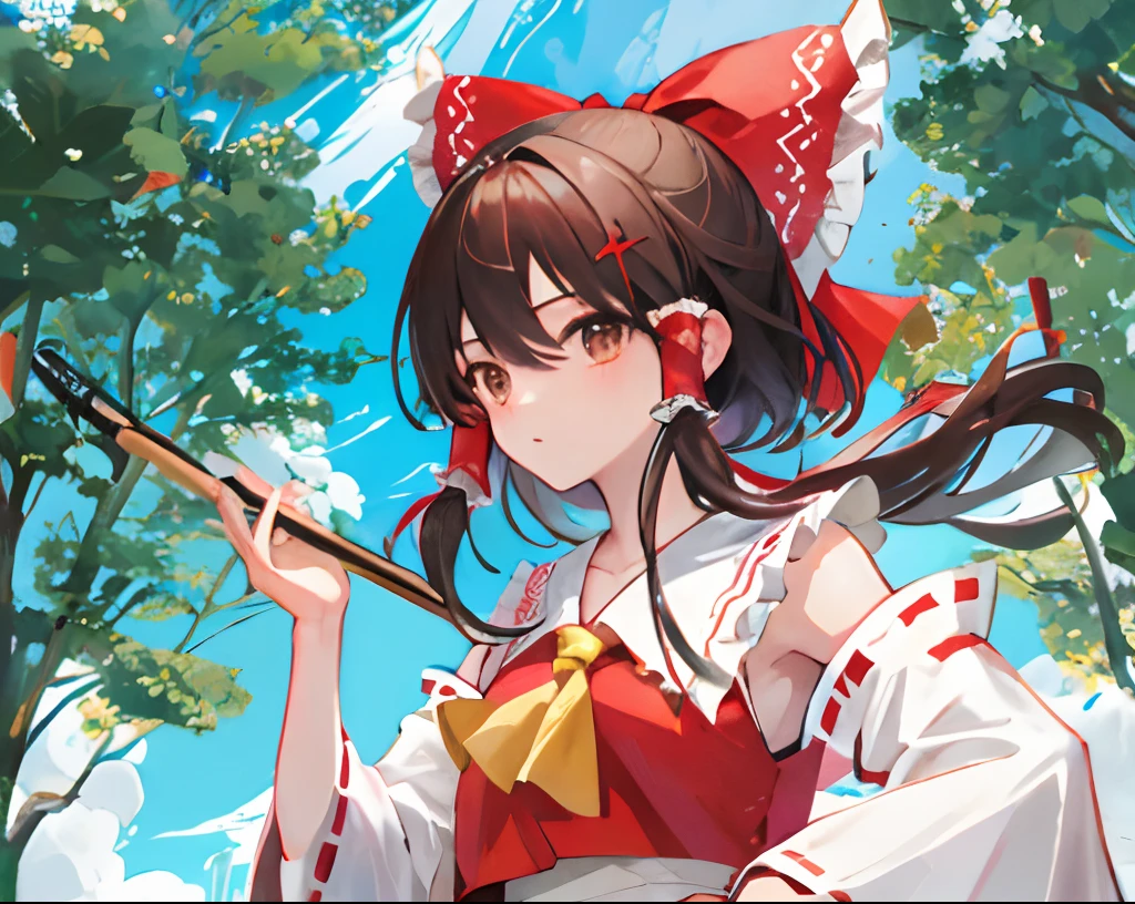 Anime girl with a stick in her hand and a red bow, Reimu Hakurei, frente a un templo, arbóles, pasto, cielo azul hermoso, mirando sorprendida al espectador, brown eyes