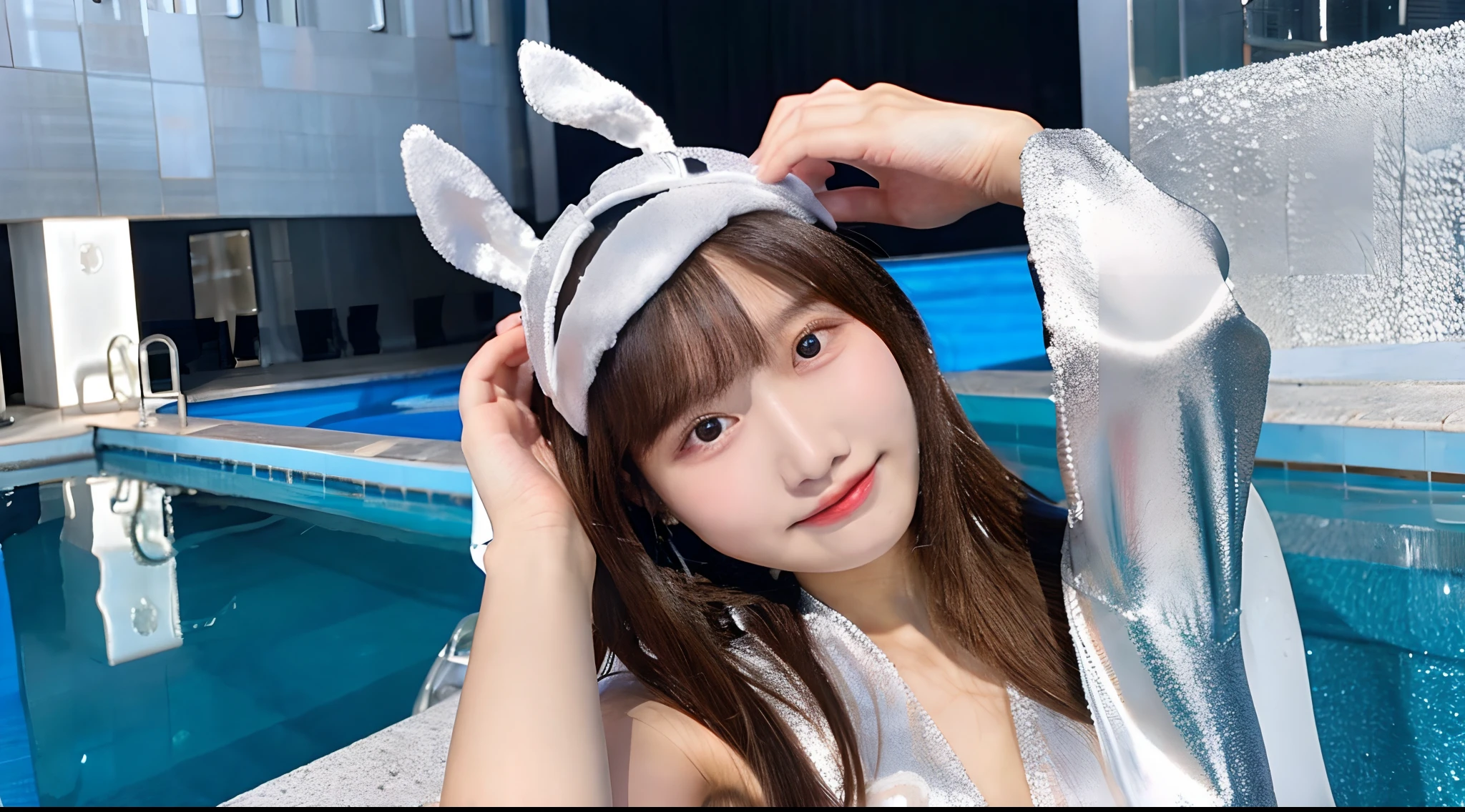 18-year-old bunny girl in a silver swimsuit