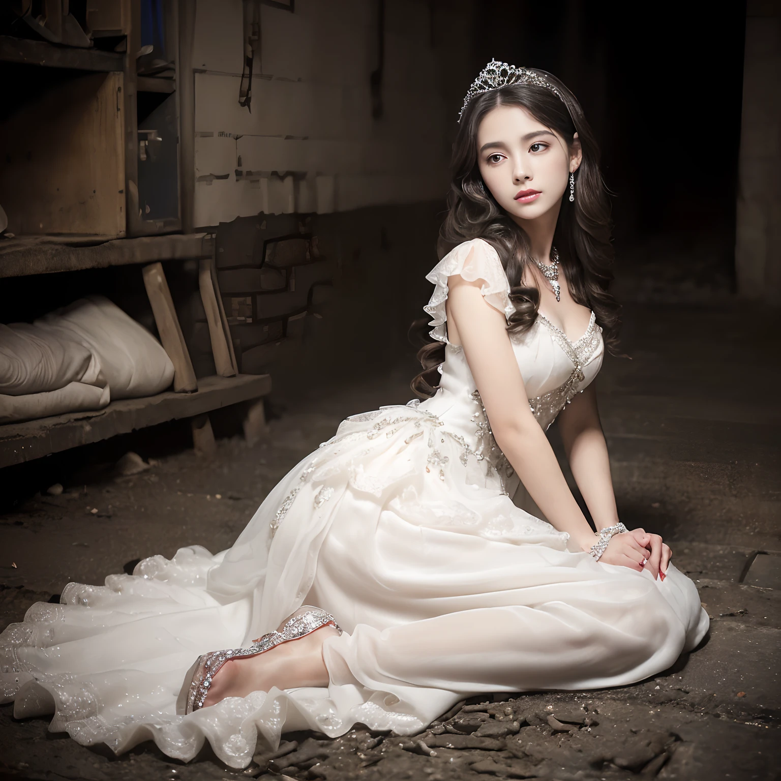 ((Masterpiece,top-quality)),((A Princess of Japan,20-year-old princess,Lying on the ground、Lying face down on the ground、Lying on his back on the ground、Sleeping with your back on the ground、Take your eyes off、Sleeping on the ground、Photograph the whole body,Dark basement,creepy atmosphera,Hollow eyes,Eyes that have lost their light,Crying face,)),((Creepy and cramped basement,Narrow basement,cramped basement,creepy atmosphera,Dark basement,Cold cobblestones,Jumbled background))、((,The most realistic and complex backgrounds,the complex background,Highly detailed and realistic backgrounds,Beautiful dress in pure white,Elegant décor,Diamond Decoration,Shining giant tiara,Princess White Dress,Jeweled dresses,Dresses with a large amount of jewelry)),((tears are flowing,tears,finerly detailed face,Quality and beautiful face,Perfect fingers,Perfect hands,Accurate 5 fingers,Top image quality,8K,SLR Camera Photography,professional photograpy,Realistic quality))