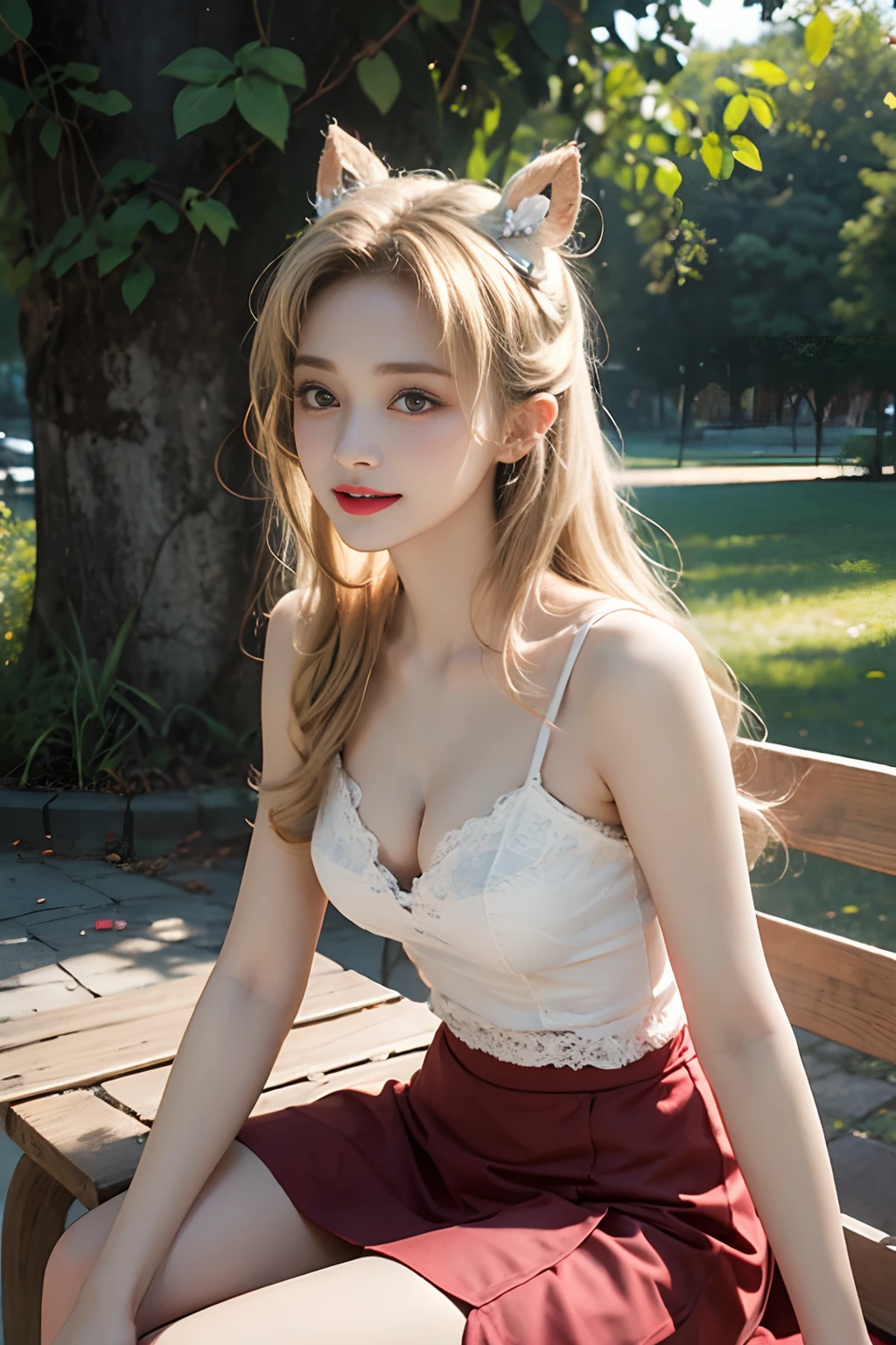 ((cowboy shot)), Shot from a random perspective, 22-year-old Asian model, slim, Slimming the waist, curlies, White thin silk fabric lace petticoat, cropped shoulders, warm lights, Warm tones Slender legs, Cross ed leg, In the park, Sit Pose, sitting on a bench, blonde hair, streaked hair, hair ornament, heart-shaped pupils, makeup, light smile, shy, licking lips, Romanticism, Social realism, chiaroscuro, motion blur, anaglyph, Sony FE GM, UHD, masterpiece, textured skin, super detail, best quality