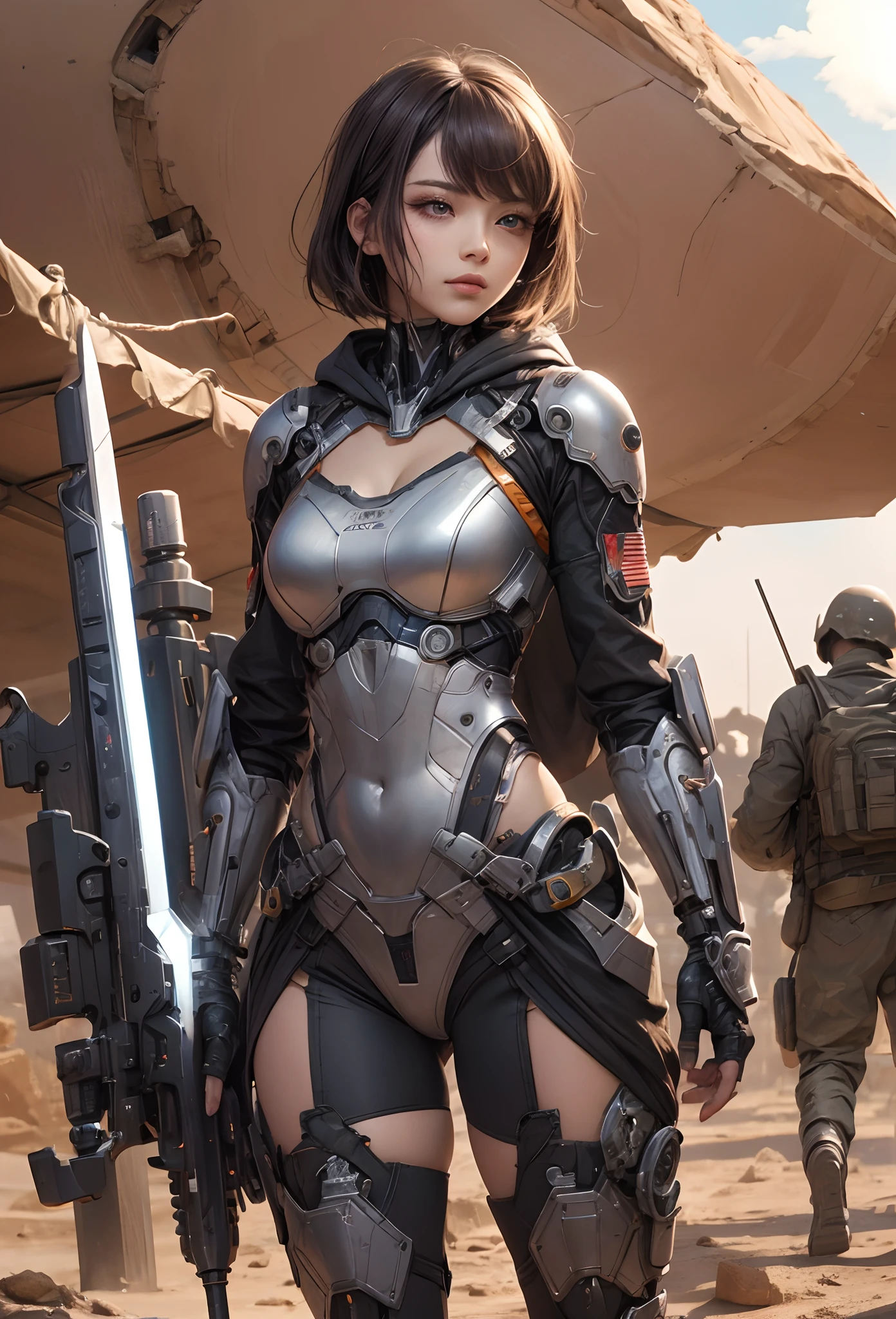 (Detailed illustrations,Very detailed and detailed drawing,Delicate lines with slow and rapid,Realistic texture expression),[Color tressed main line],(Martian battlefield [Desert Ruins]),[独奏],HENTAI ((ANIME) BIONICGirl) Beauty (14years))((well-muscled)) [SKINNY],cyborgs [MACHINEARMY Mobile Infantry Military],Bullet belt [Hood cloak [Brute knife]] [Heavy Mace [javelin]] [[Shells Mortars Grenades]],gravure [[catfight]] Battle Damage,[retro-futuristic],(Intricate and beautiful decoration [Dense detail]),(Fine and beautiful skin expression [Transparency]),[Perfect eye details (Iris beautifully drawn in every detail)[Jewel-like eyes]],[long and beautiful eyelashes],[Meticulously drawn hair [More on beautiful and shiny hair]],(Perfect hand details [Beautiful fingers without breakdowns [Beautiful nails]]),(Perfect Anatomy(Perfectly proportioned))[[Full body like]],[[Design built to the highest level]][Ideal color coordination(Accurate simulation of light-material interactions)],([Precision Detail](detaileds,high-detail)),[Visual art that conveys a sense of narrative].