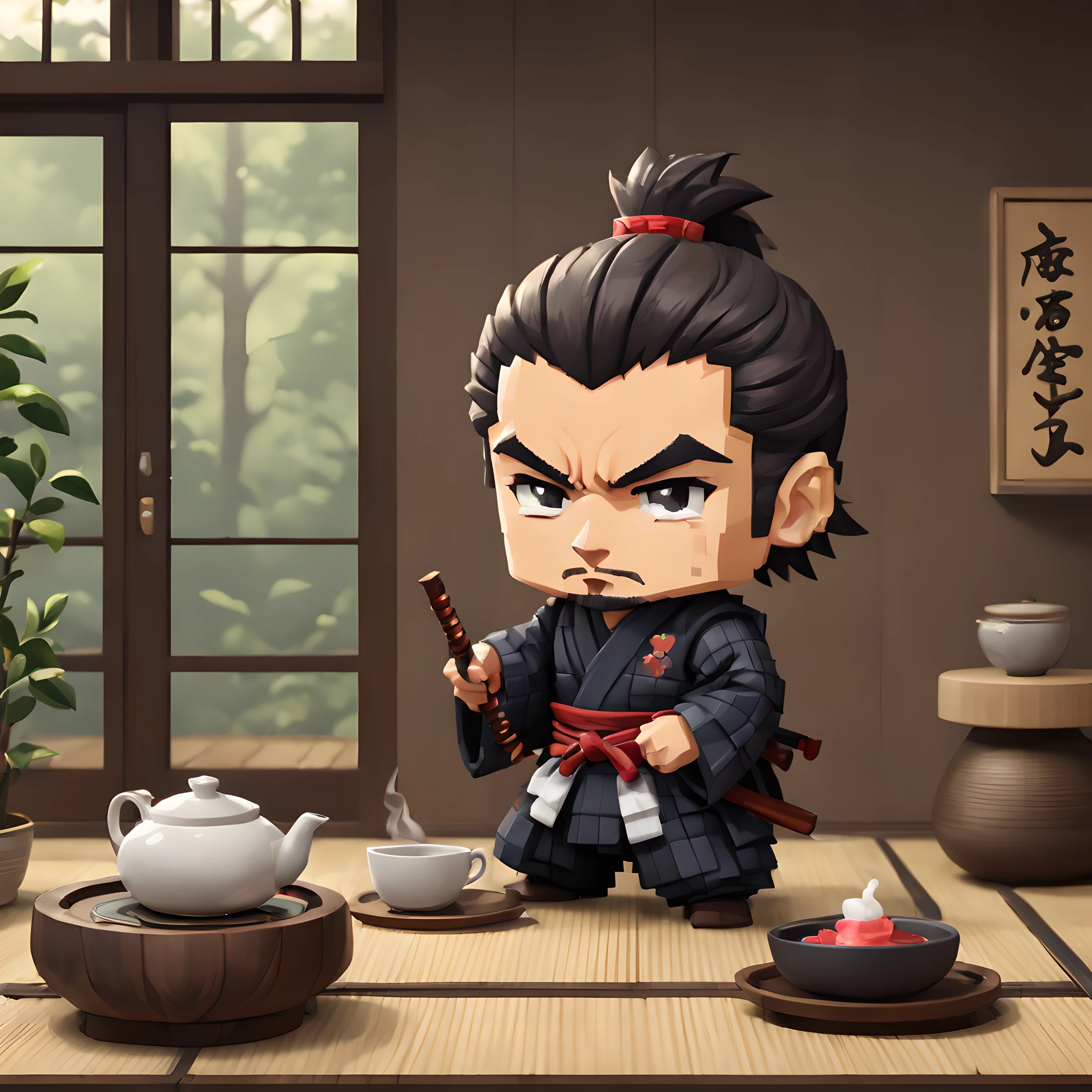 (Pixel art:1.5), (pixel theme:1.5), (chibi emote:1.5), (chibi character:1.5),(fantasy:1.5), (1japanse samurai:1.5), (Toshiro Mifune:1.5), (tea:1.5), (tea ceremony:1.5), (tearoom:1.5),