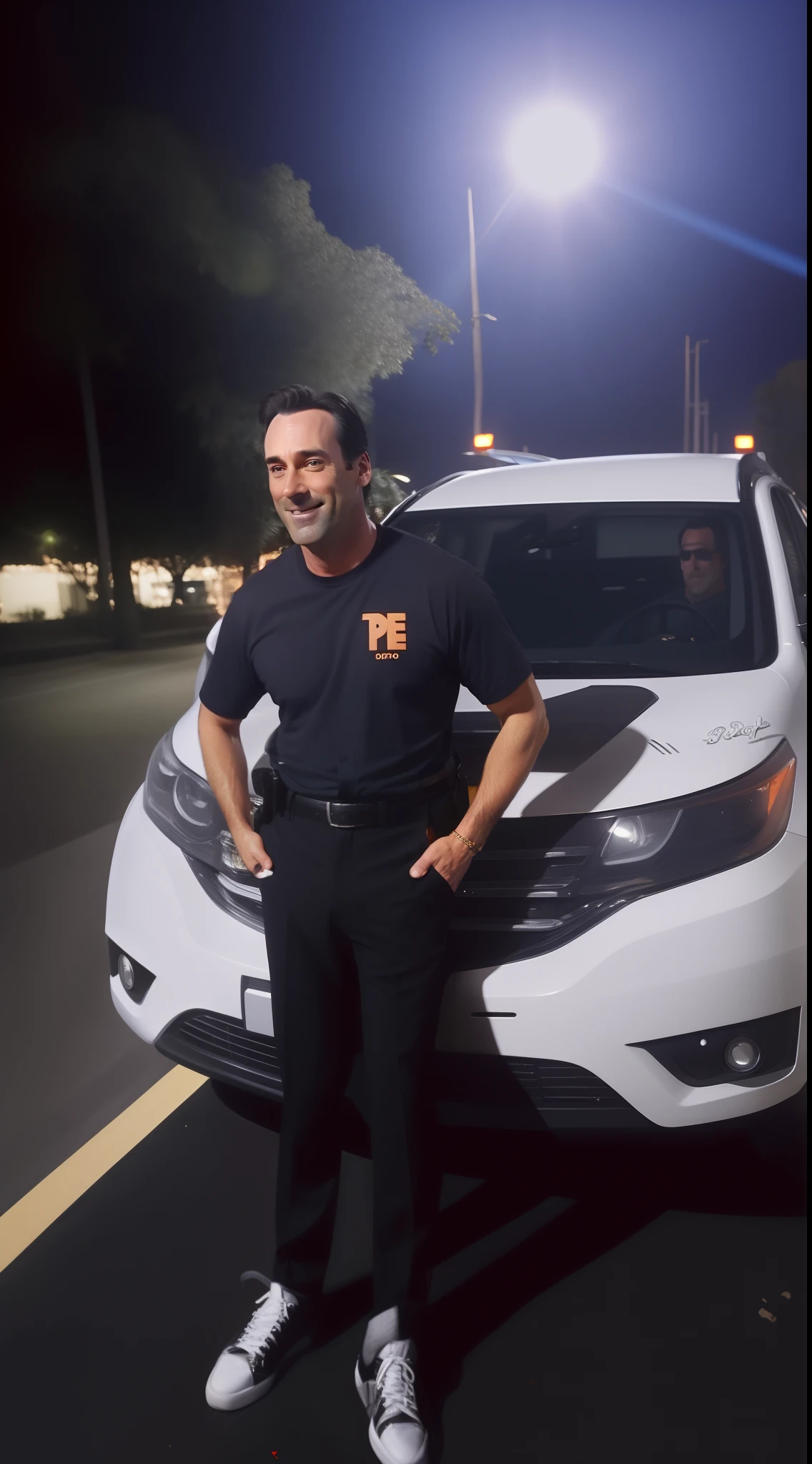 3D pixar, Jon Hamm dressed in an orange shirt and black pants, sorrindo e apontando para o lado com o dedo indicador