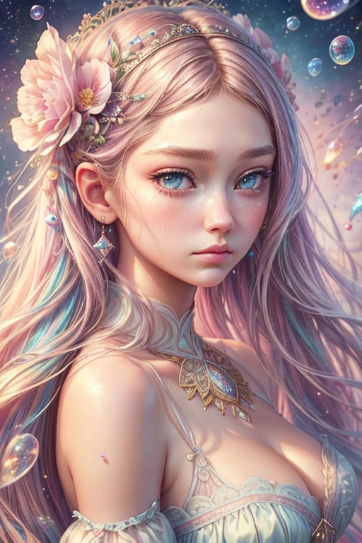 ((masterpiece)). This artwork is sweet, dreamy and ethereal, with soft pink watercolor hues and many ornate cotton candy accents. Generate a delicate and demure English fae exploring a (bubblegum world with a wide variety of pastel shades). Her sweet face is extremely detailed and realistic with elegant features and a sweet and subtle expression and looks like ((Gigi Hadid)). Include mature features, puffy lips, and stunning, highly realistic eyes. Her eyes are important and should be realistic, highly detailed, and beautiful. In high definition and detail, include lots of details like stars, galaxies, colorful bubbles, colorful petals, and lots of energy and emotion! The stars and colorful bubblegum bubbles are important! Include fantasy details, enhanced details, iridescence, colorful glittering wind, and pollen. Pay special attention to her face and make sure it is beautifully and realistically detailed. The image should be dreamy and ethereal.8k, intricate, elegant, highly detailed, majestic, digital photography