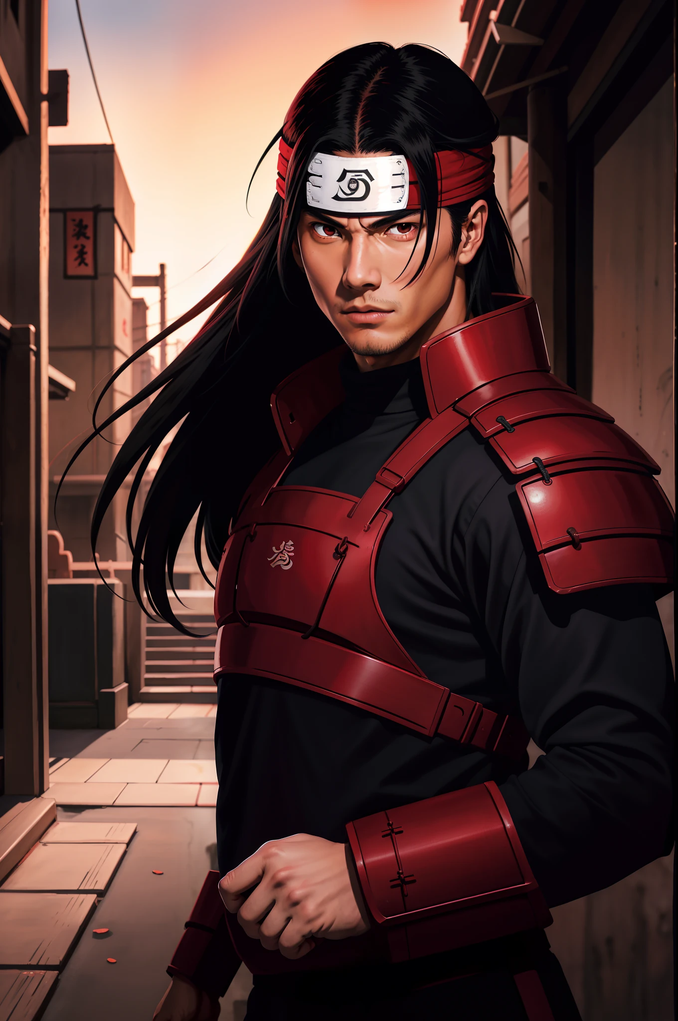 masterpiece, best quality, ultra-detailed, upper body shot, 1man, male focus, hashirama senju, wearing red armor, long black hair, Konoha headband, cool attitude, dinamic lighting, vivid colours, Urban Background ,