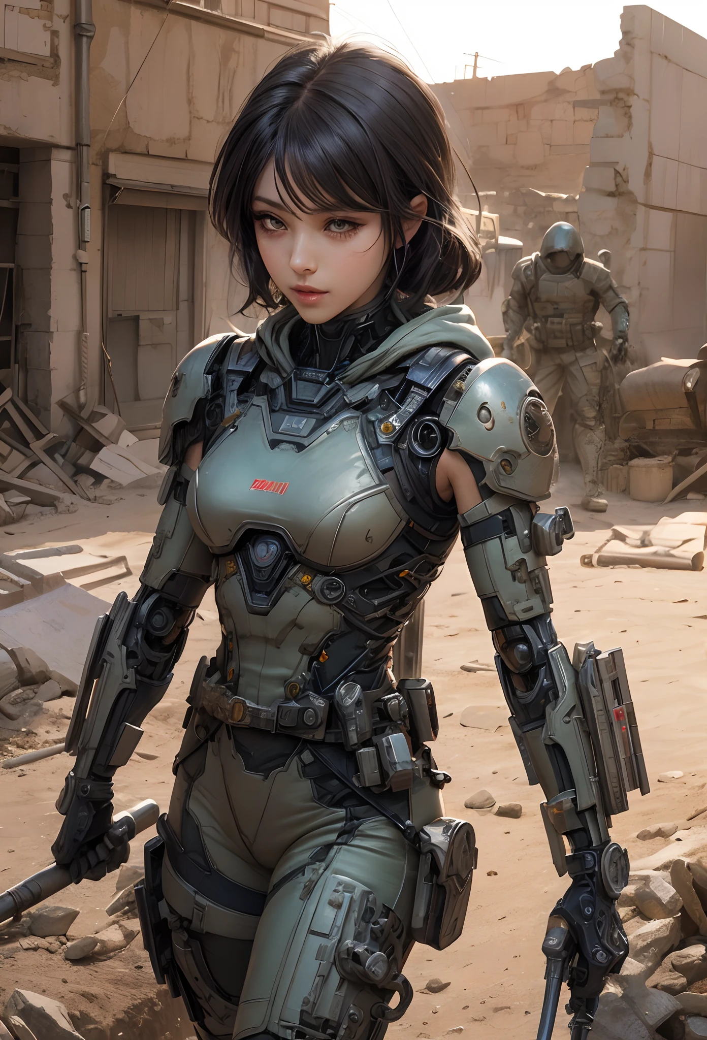 (Detailed illustrations,Very detailed and detailed drawing,Delicate lines with slow and rapid,Realistic texture expression),[Color tressed main line],(Martian battlefield [Desert Ruins]),[独奏],HENTAI ((ANIME) BIONICGirl) Beauty (14years))((well-muscled)) [SKINNY],cyborgs [MACHINEARMY Mobile Infantry Military],Bullet belt [Hood cloak [Brute knife]] [Heavy Mace [javelin]] [[Shells Mortars Grenades]],gravure [[catfight]] Battle Damage,[retro-futuristic],(Intricate and beautiful decoration [Dense detail]),(Fine and beautiful skin expression [Transparency]),[Perfect eye details (Iris beautifully drawn in every detail)[Jewel-like eyes]],[long and beautiful eyelashes],[Meticulously drawn hair [More on beautiful and shiny hair]],(Perfect hand details [Beautiful fingers without breakdowns [Beautiful nails]]),(Perfect Anatomy(Perfectly proportioned))[[Full body like]],[[Design built to the highest level]][Ideal color coordination(Accurate simulation of light-material interactions)],([Precision Detail](detaileds,high-detail)),[Visual art that conveys a sense of narrative].